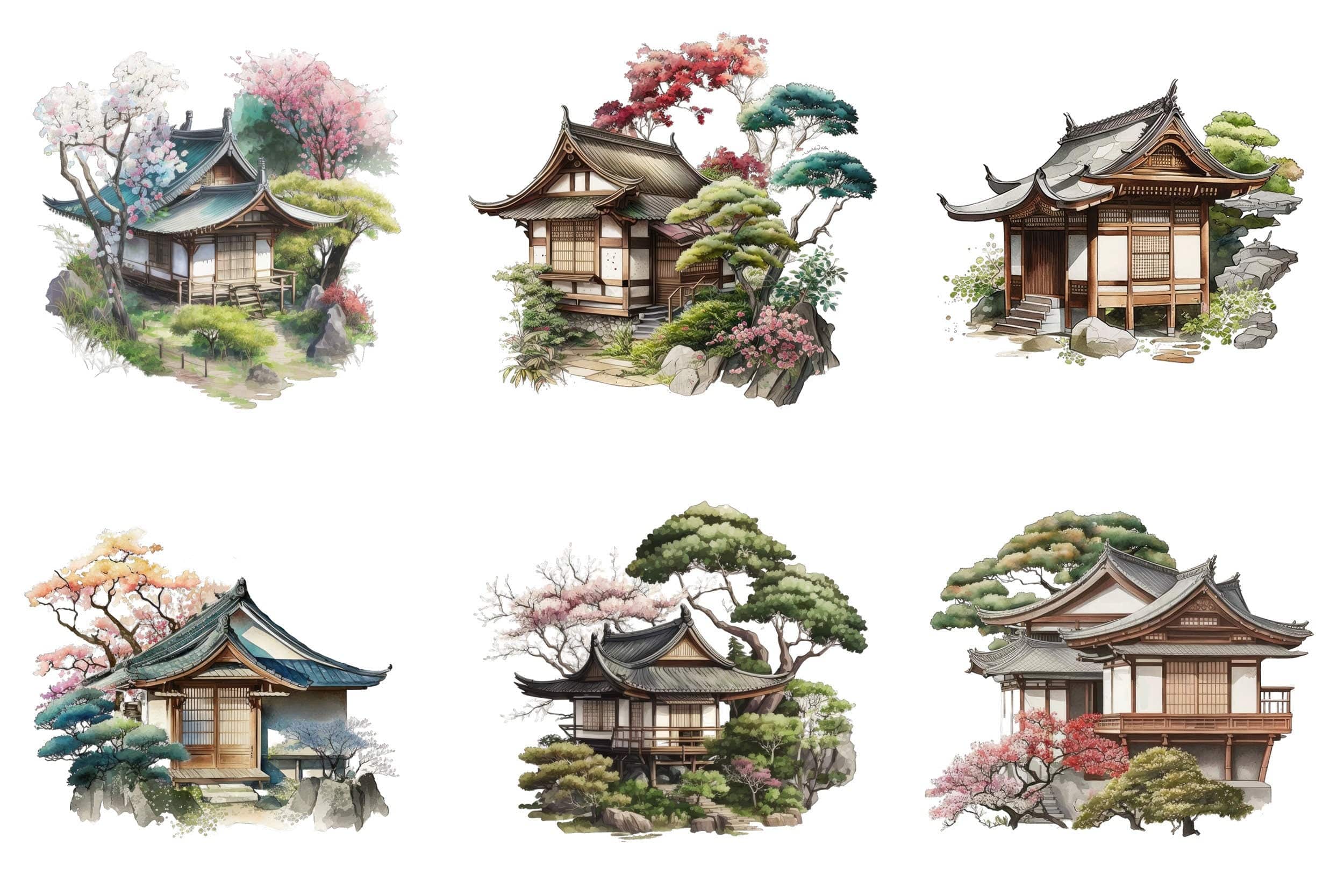 Japanese Cottage House Watercolor Bundle, 60 Images with Japanese PNG Houses, Cottage clipart, Japanese Cottage clipart, Japanese Houses Digital Download Sumobundle