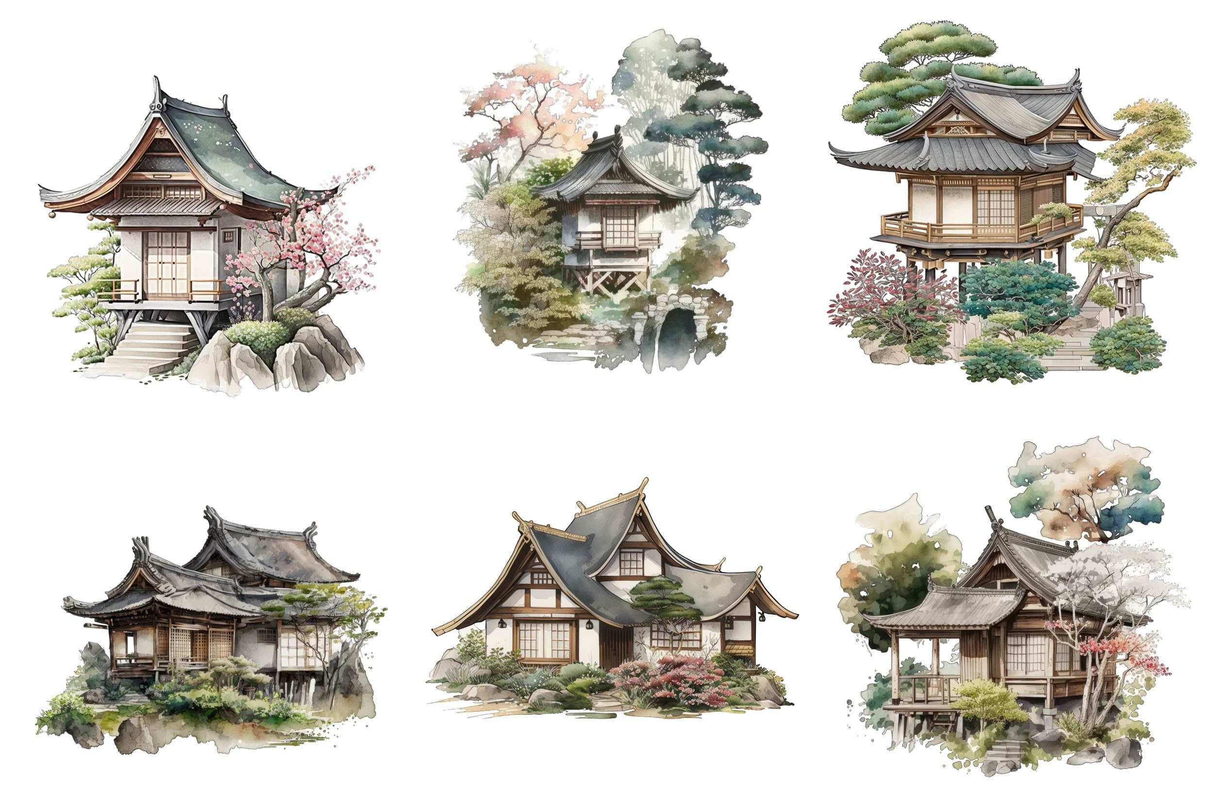 Japanese Cottage House Watercolor Bundle, 60 Images with Japanese PNG Houses, Cottage clipart, Japanese Cottage clipart, Japanese Houses Digital Download Sumobundle