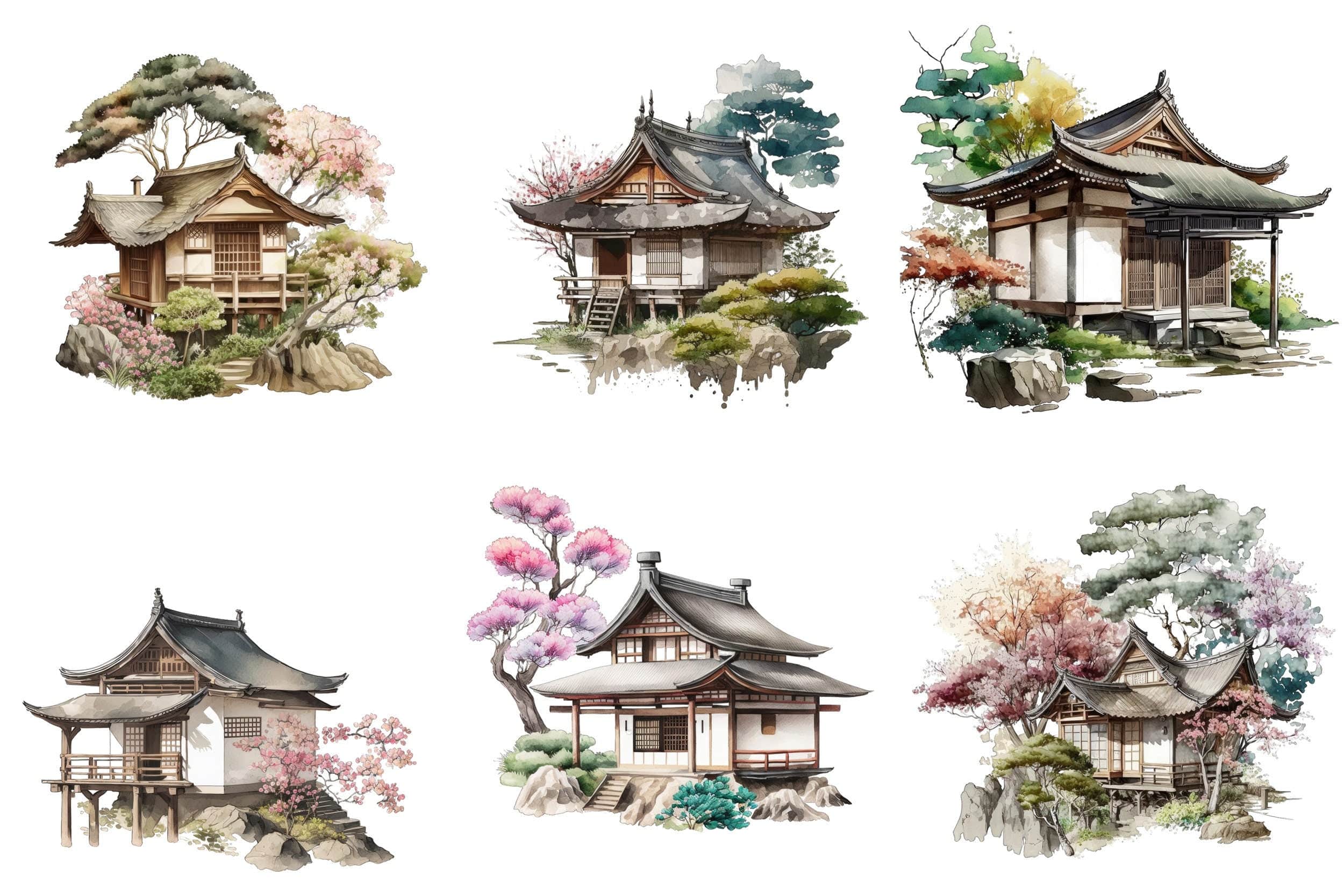 Japanese Cottage House Watercolor Bundle, 60 Images with Japanese PNG Houses, Cottage clipart, Japanese Cottage clipart, Japanese Houses Digital Download Sumobundle
