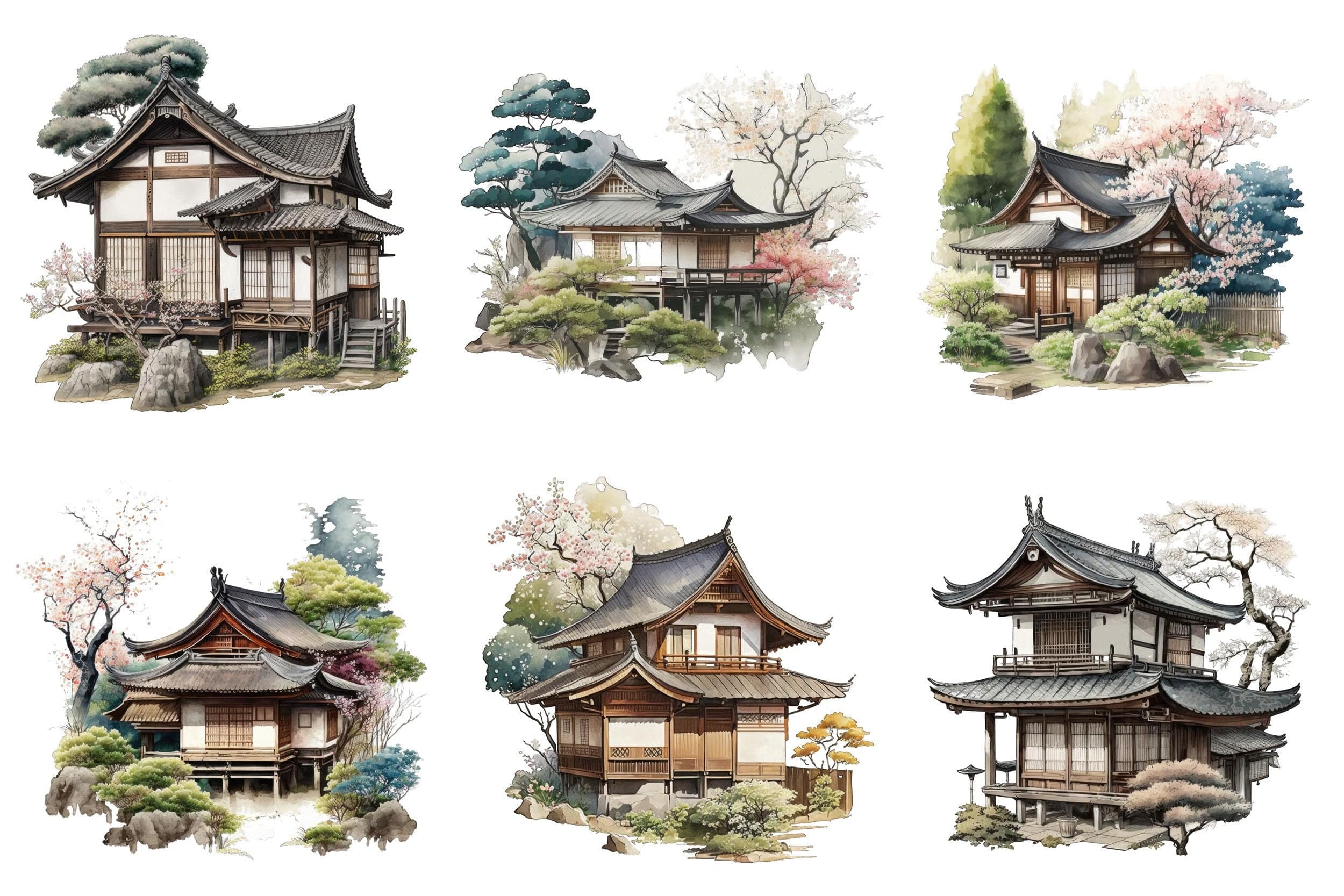 Japanese Cottage House Watercolor Bundle, 60 Images with Japanese PNG Houses, Cottage clipart, Japanese Cottage clipart, Japanese Houses Digital Download Sumobundle