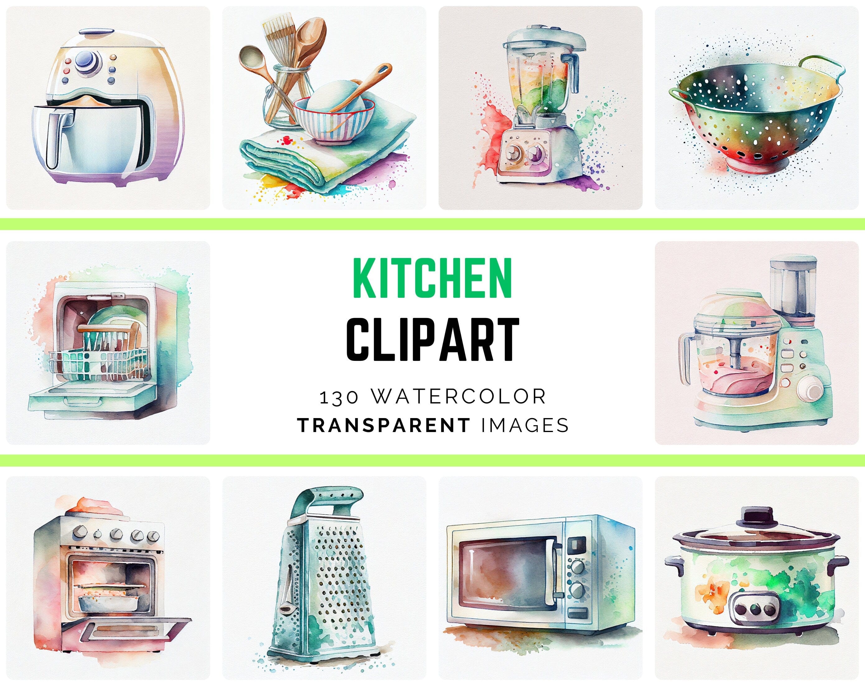 Kitchen Watercolor Appliance Bundle Clipart: 130 High-Quality Images for Your Home Decor Projects, Kitchen sublimation clipart Digital Download Sumobundle