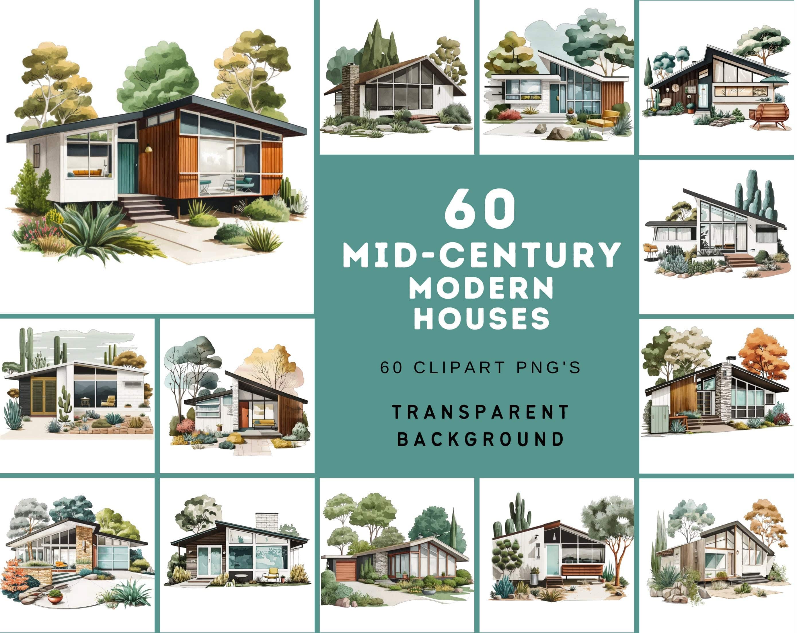 Midcentury Modern House Art Bundle - Digital Download of 60 PNG Clipart Images - Transparent PNG Clipart Bundle - Commercial Use Digital Download Sumobundle
