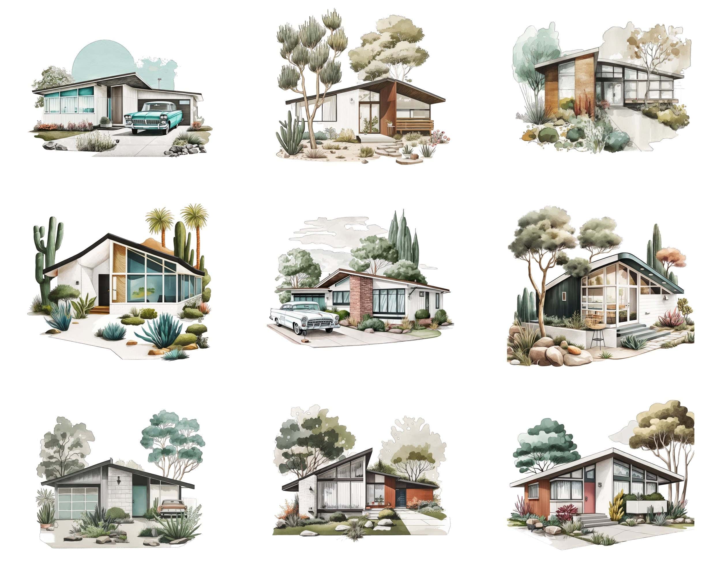 Midcentury Modern House Art Bundle - Digital Download of 60 PNG Clipart Images - Transparent PNG Clipart Bundle - Commercial Use Digital Download Sumobundle