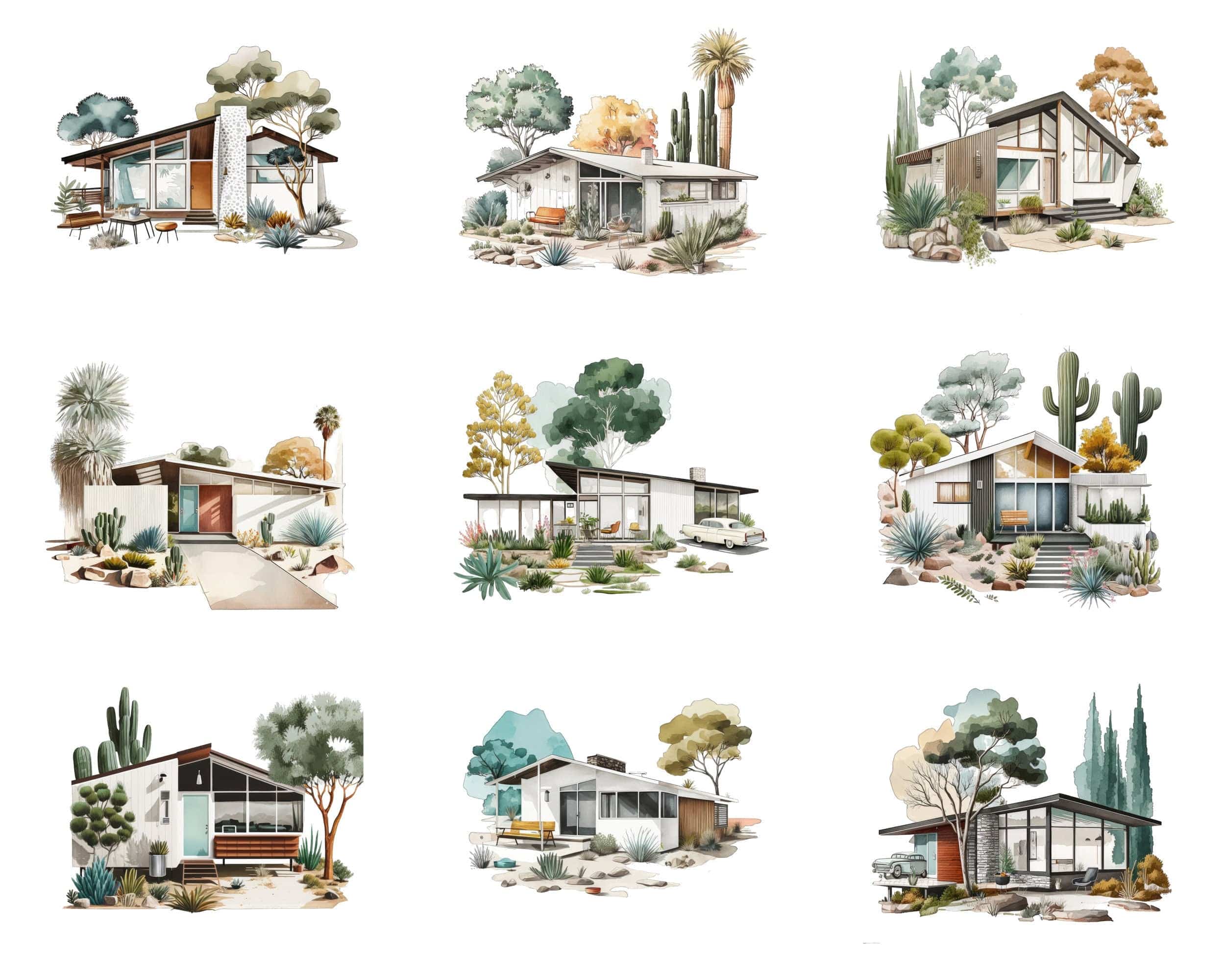 Midcentury Modern House Art Bundle - Digital Download of 60 PNG Clipart Images - Transparent PNG Clipart Bundle - Commercial Use Digital Download Sumobundle