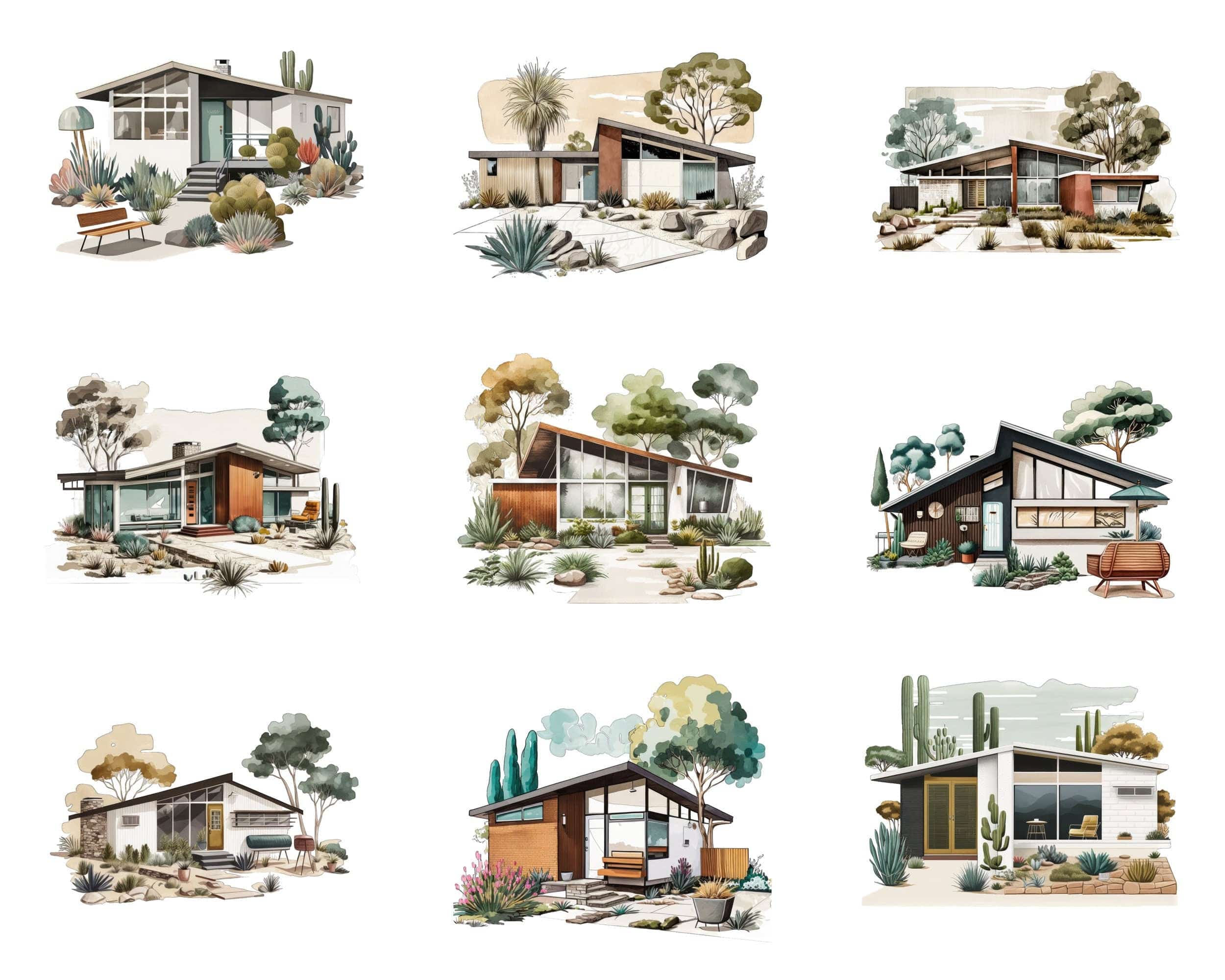 Midcentury Modern House Art Bundle - Digital Download of 60 PNG Clipart Images - Transparent PNG Clipart Bundle - Commercial Use Digital Download Sumobundle