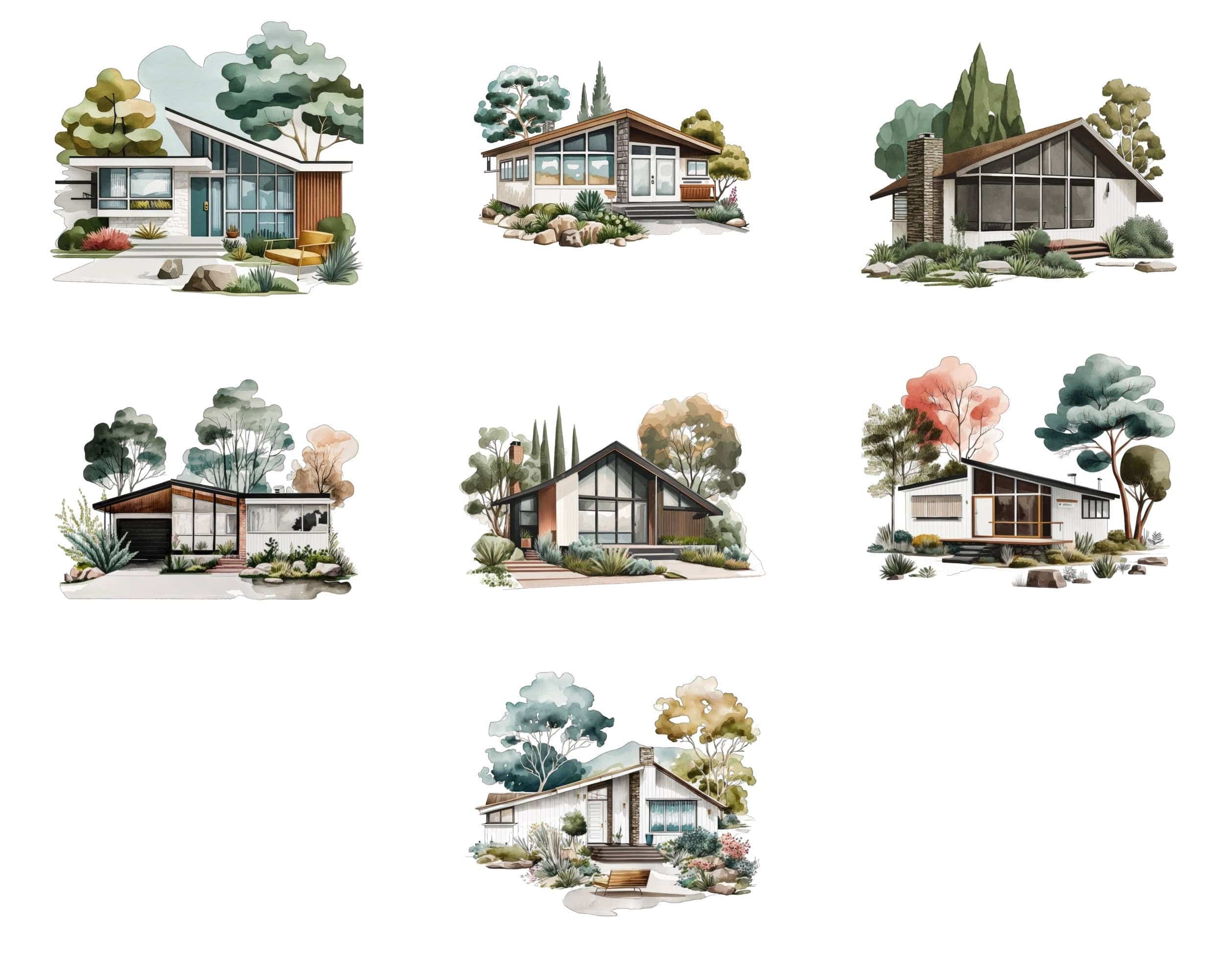 Midcentury Modern House Art Bundle - Digital Download of 60 PNG Clipart Images - Transparent PNG Clipart Bundle - Commercial Use Digital Download Sumobundle