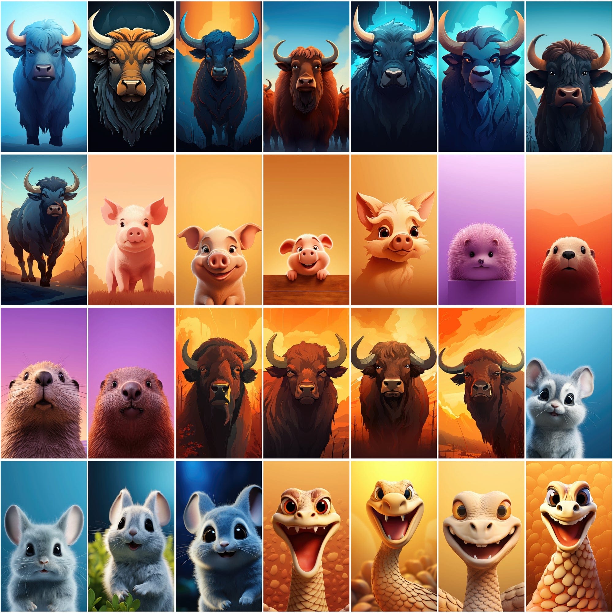 Minimalist Animal Art PNGs, 2D & 3D Cartoonish Designs, High-Resolution Colorful Graphics Digital Download Sumobundle