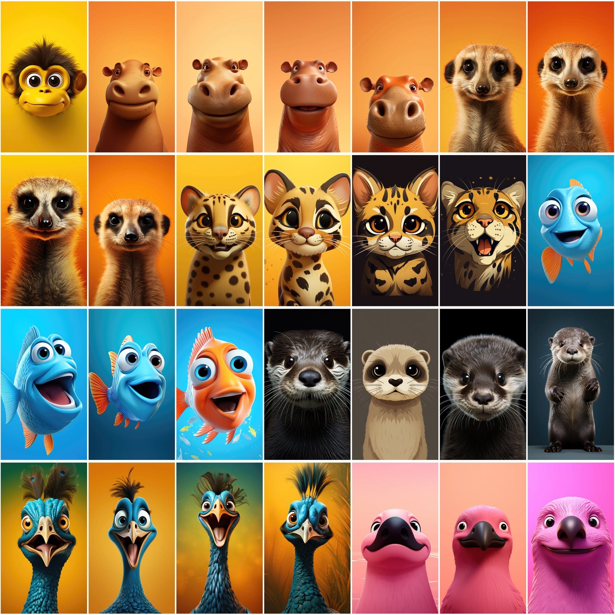 Minimalist Animal Art PNGs, 2D & 3D Cartoonish Designs, High-Resolution Colorful Graphics Digital Download Sumobundle