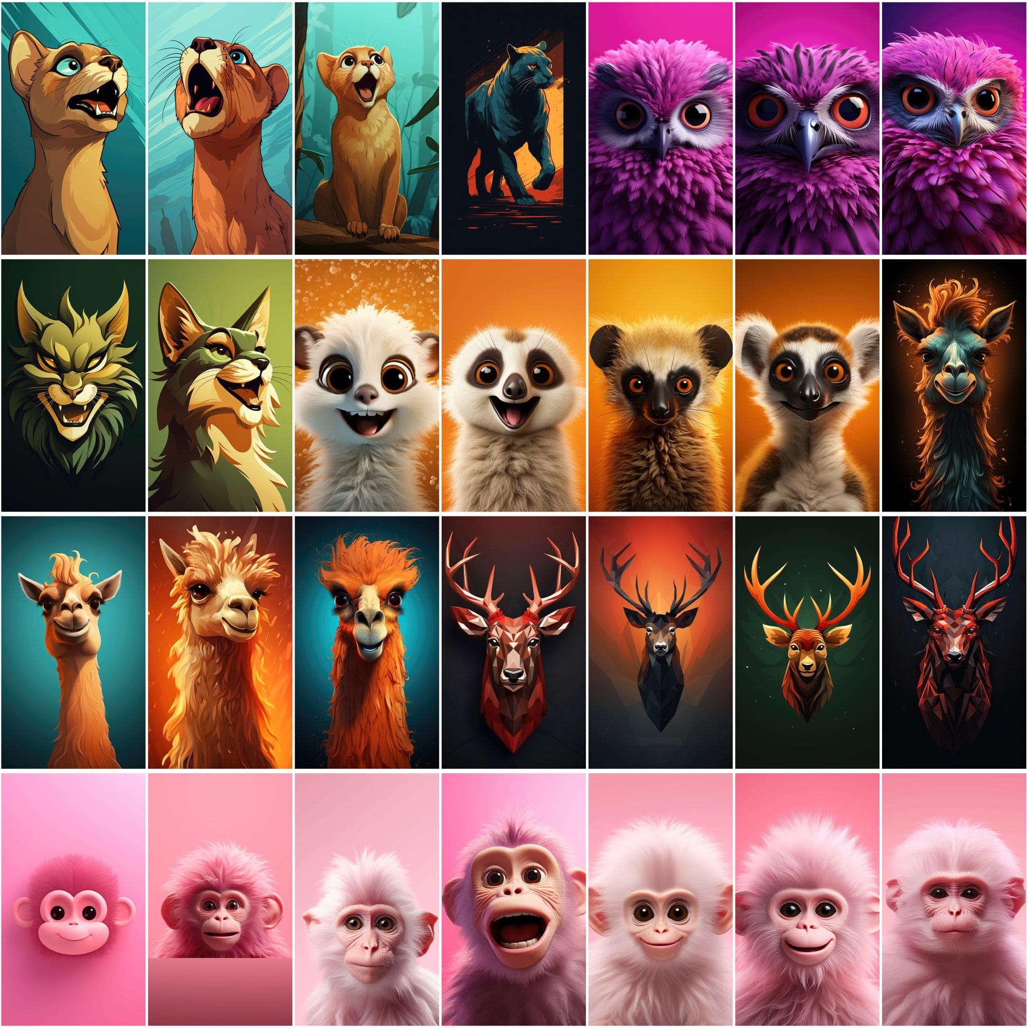 Minimalist Animal Art PNGs, 2D & 3D Cartoonish Designs, High-Resolution Colorful Graphics Digital Download Sumobundle