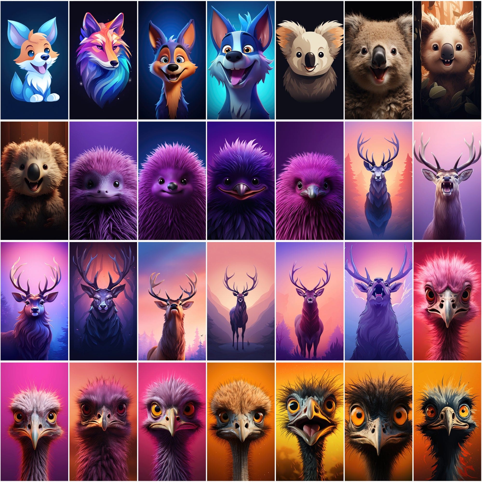 Minimalist Animal Art PNGs, 2D & 3D Cartoonish Designs, High-Resolution Colorful Graphics Digital Download Sumobundle