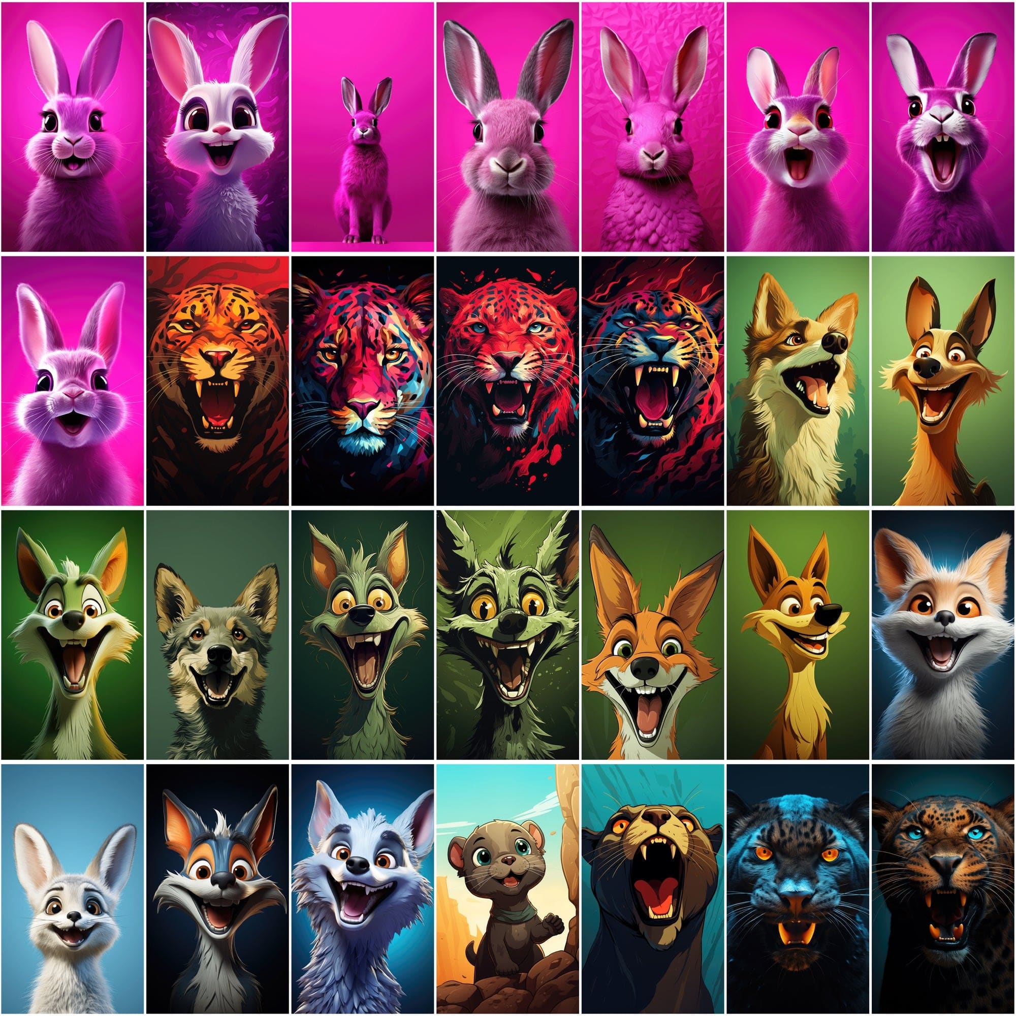 Minimalist Animal Art PNGs, 2D & 3D Cartoonish Designs, High-Resolution Colorful Graphics Digital Download Sumobundle