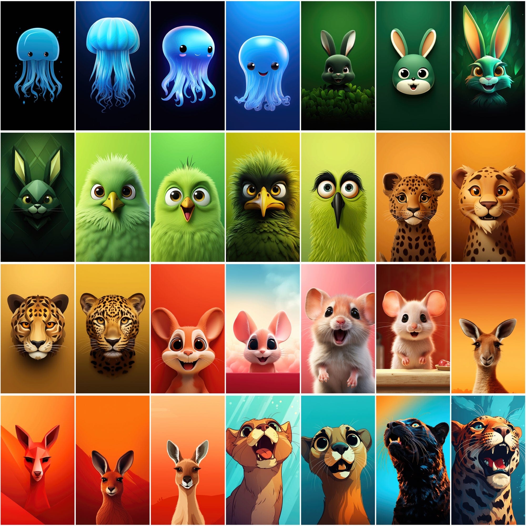 Minimalist Animal Art PNGs, 2D & 3D Cartoonish Designs, High-Resolution Colorful Graphics Digital Download Sumobundle
