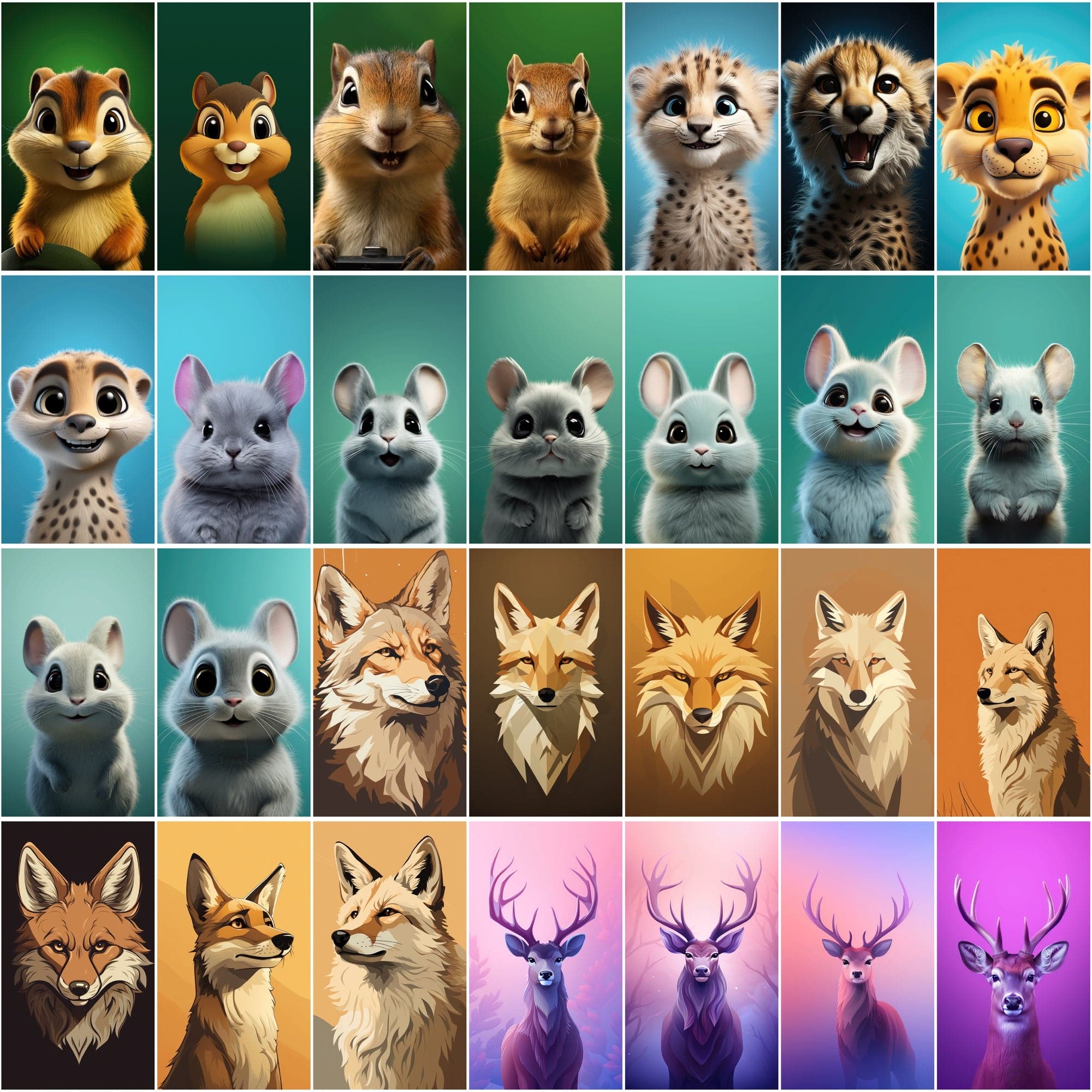 Minimalist Animal Art PNGs, 2D & 3D Cartoonish Designs, High-Resolution Colorful Graphics Digital Download Sumobundle