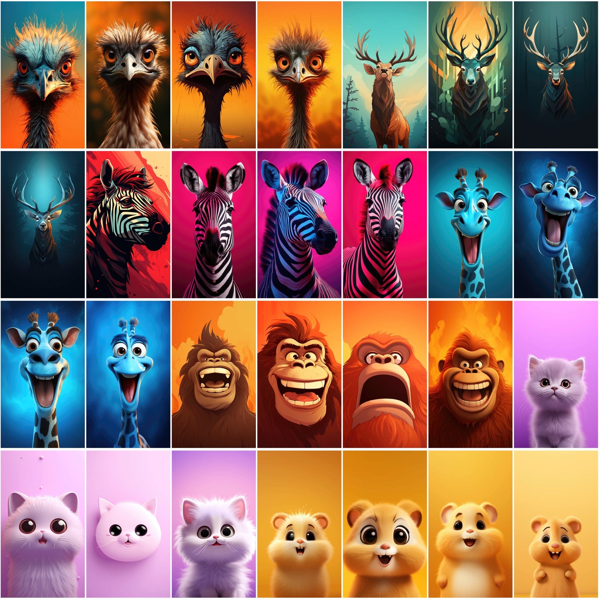 Minimalist Animal Art PNGs, 2D & 3D Cartoonish Designs, High-Resolution Colorful Graphics Digital Download Sumobundle