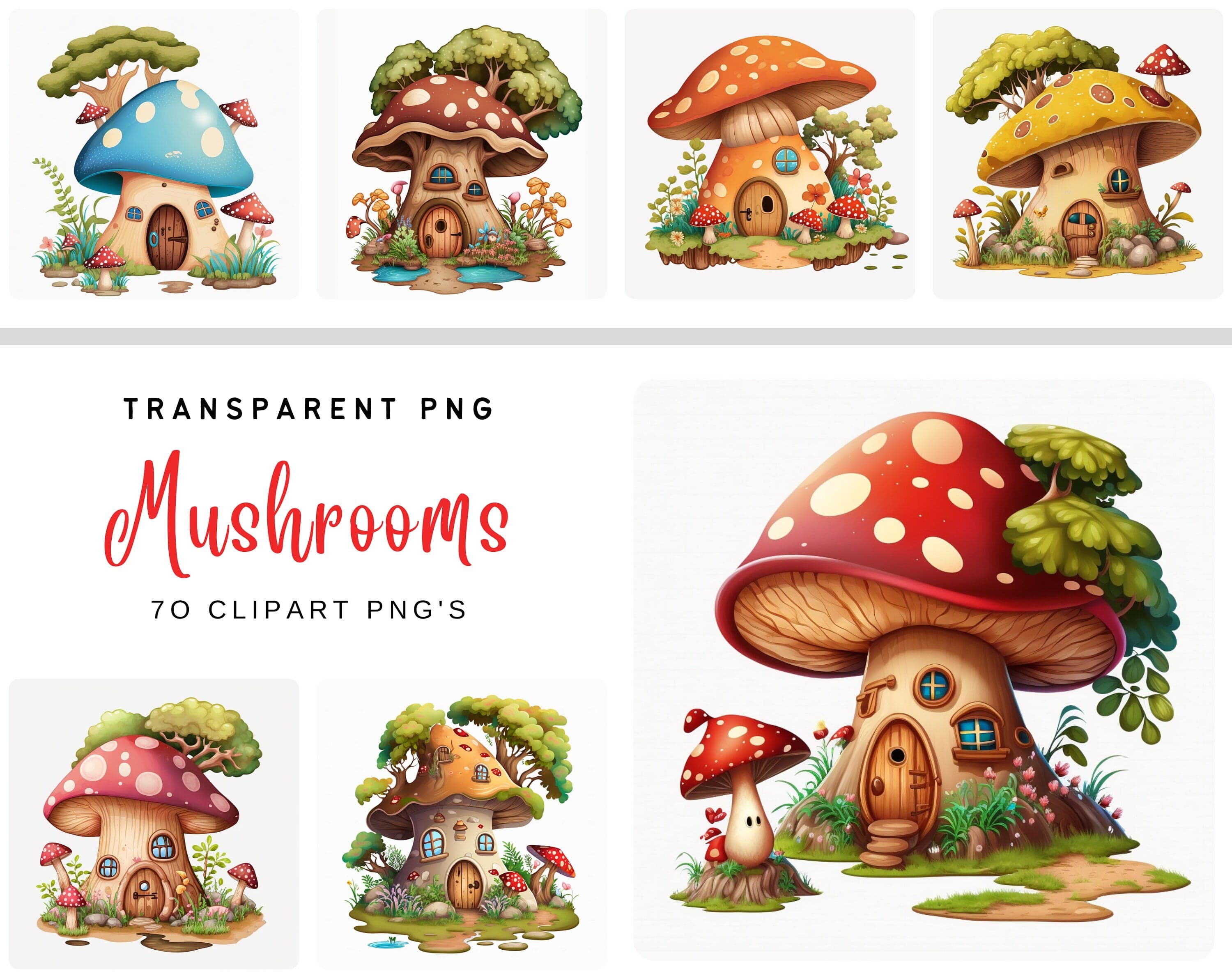 Mushroom House Bundle - 70 Transparent PNG Images, Sublimation, PNG, magical mushroom house, Toadstool House Clipart, Fantasy Mushrooms Digital Download Sumobundle