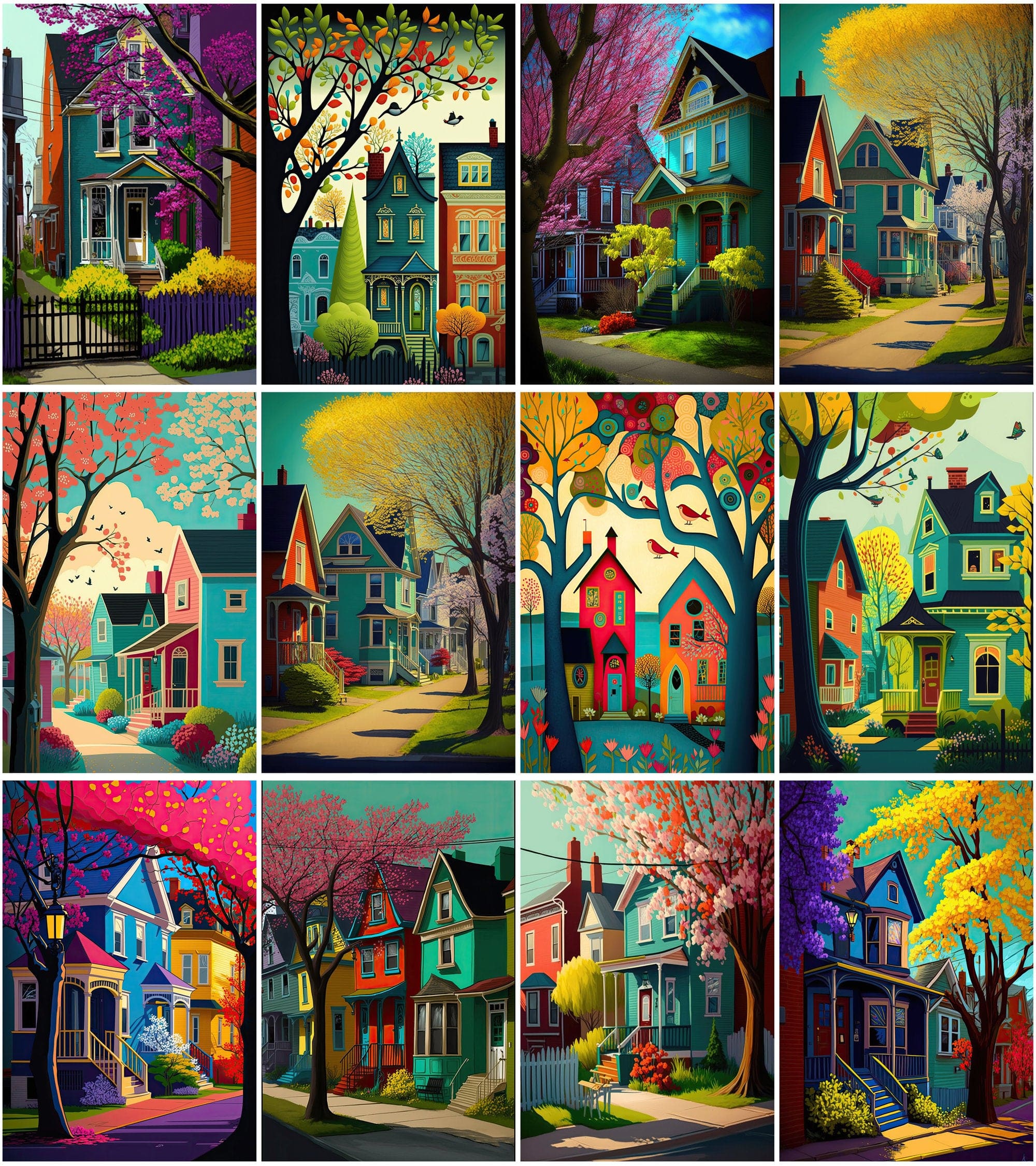 Neighbourhood Houses Backgrounds - Set of 100 Images for Canvas or Print, Houses clipart, Commercial use houses with vibrant colors. Digital Download Sumobundle