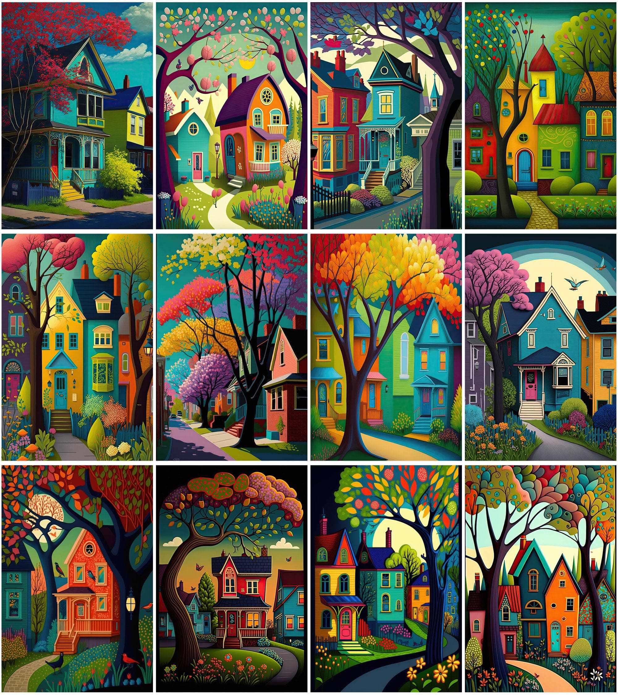 Neighbourhood Houses Backgrounds - Set of 100 Images for Canvas or Print, Houses clipart, Commercial use houses with vibrant colors. Digital Download Sumobundle
