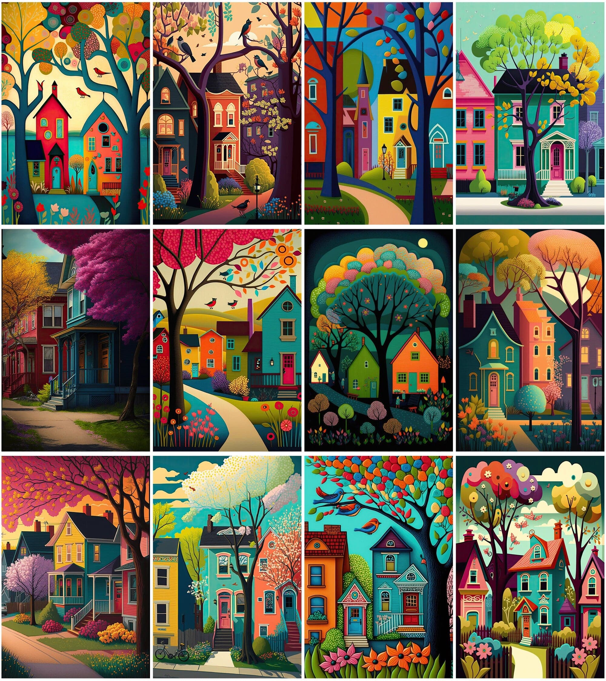 Neighbourhood Houses Backgrounds - Set of 100 Images for Canvas or Print, Houses clipart, Commercial use houses with vibrant colors. Digital Download Sumobundle