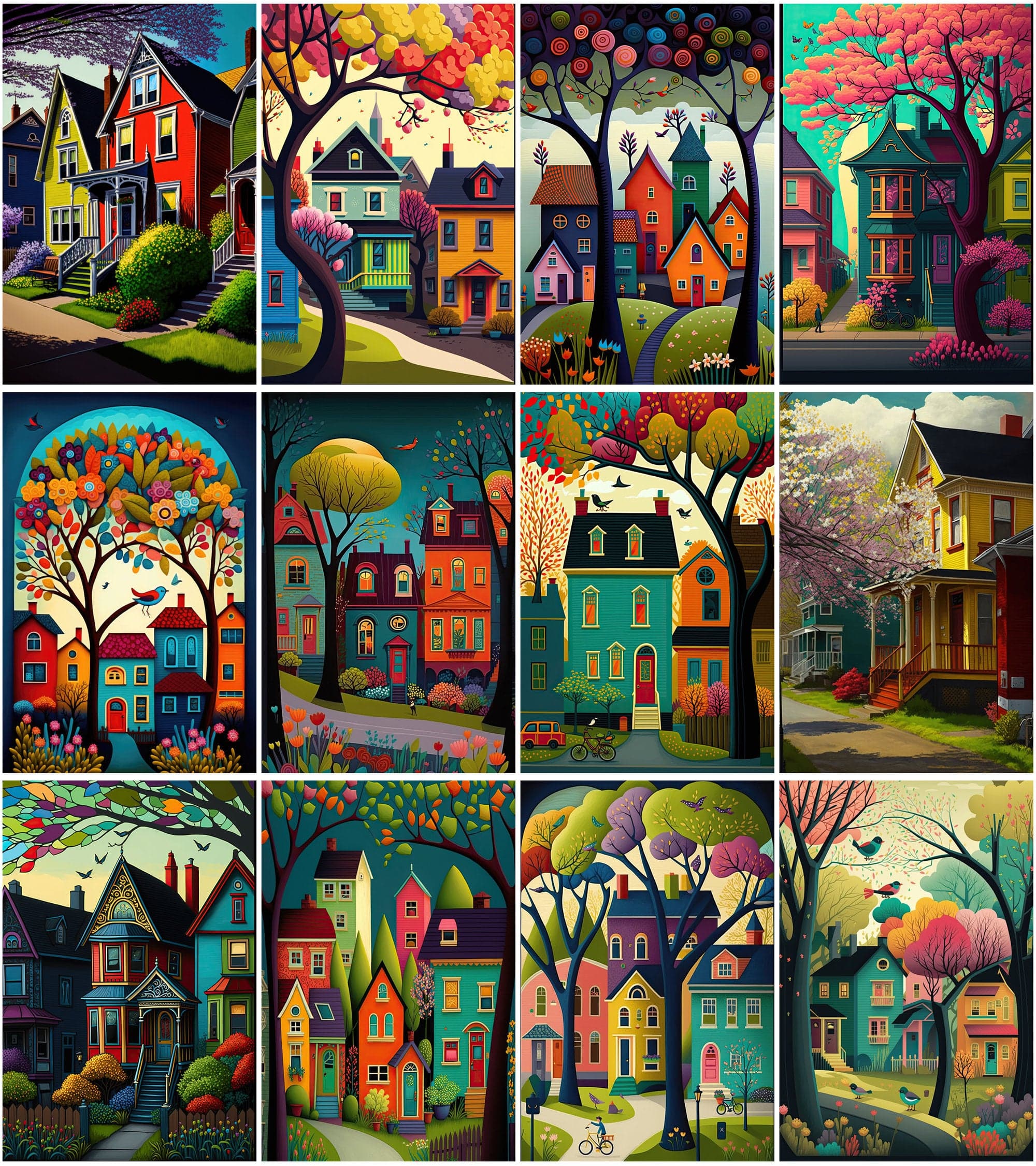 Neighbourhood Houses Backgrounds - Set of 100 Images for Canvas or Print, Houses clipart, Commercial use houses with vibrant colors. Digital Download Sumobundle