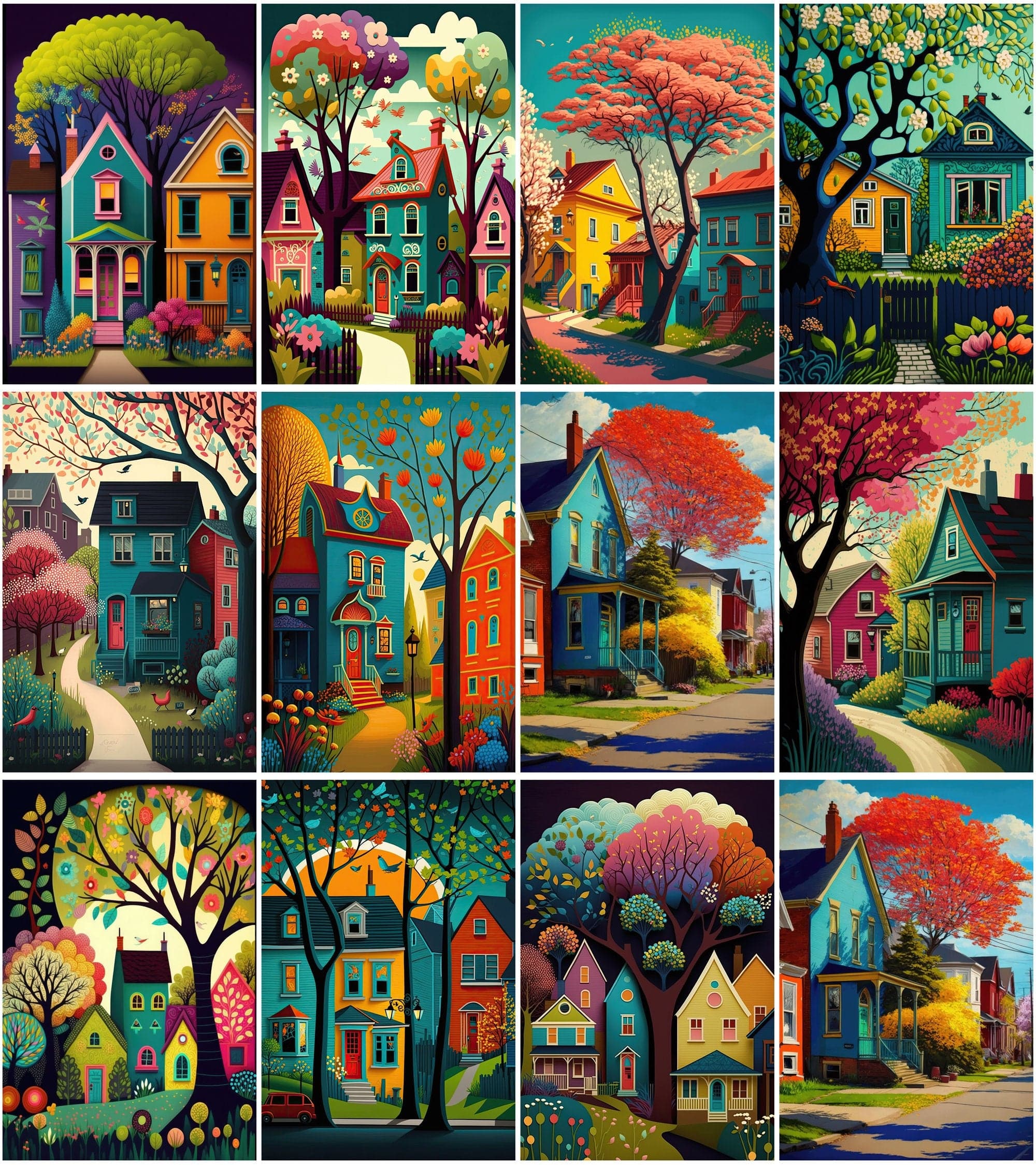 Neighbourhood Houses Backgrounds - Set of 100 Images for Canvas or Print, Houses clipart, Commercial use houses with vibrant colors. Digital Download Sumobundle