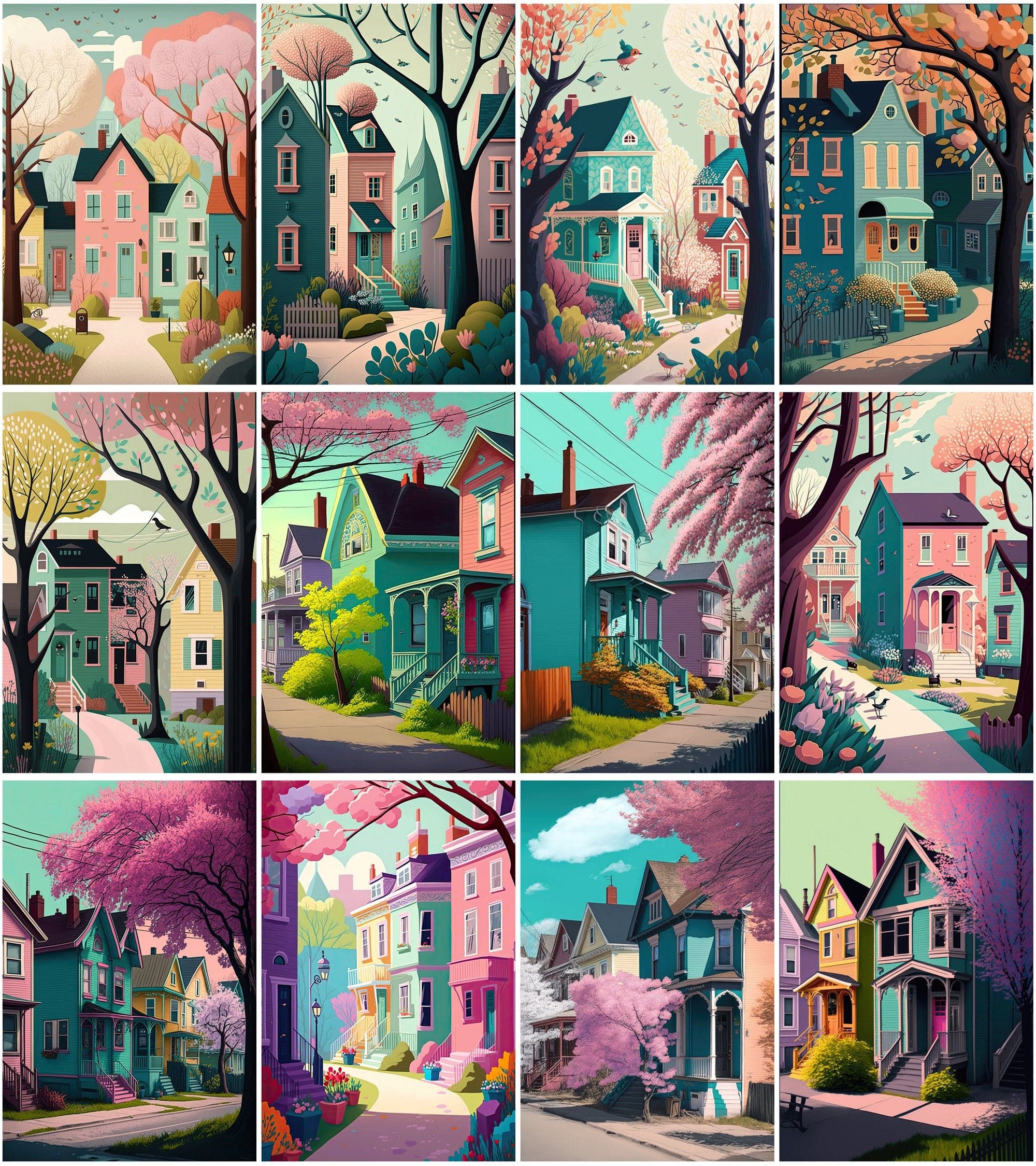 Neighbourhood Houses Backgrounds - Set of 100 Images for Canvas or Print, Houses clipart, Commercial use houses with vibrant colors. Digital Download Sumobundle