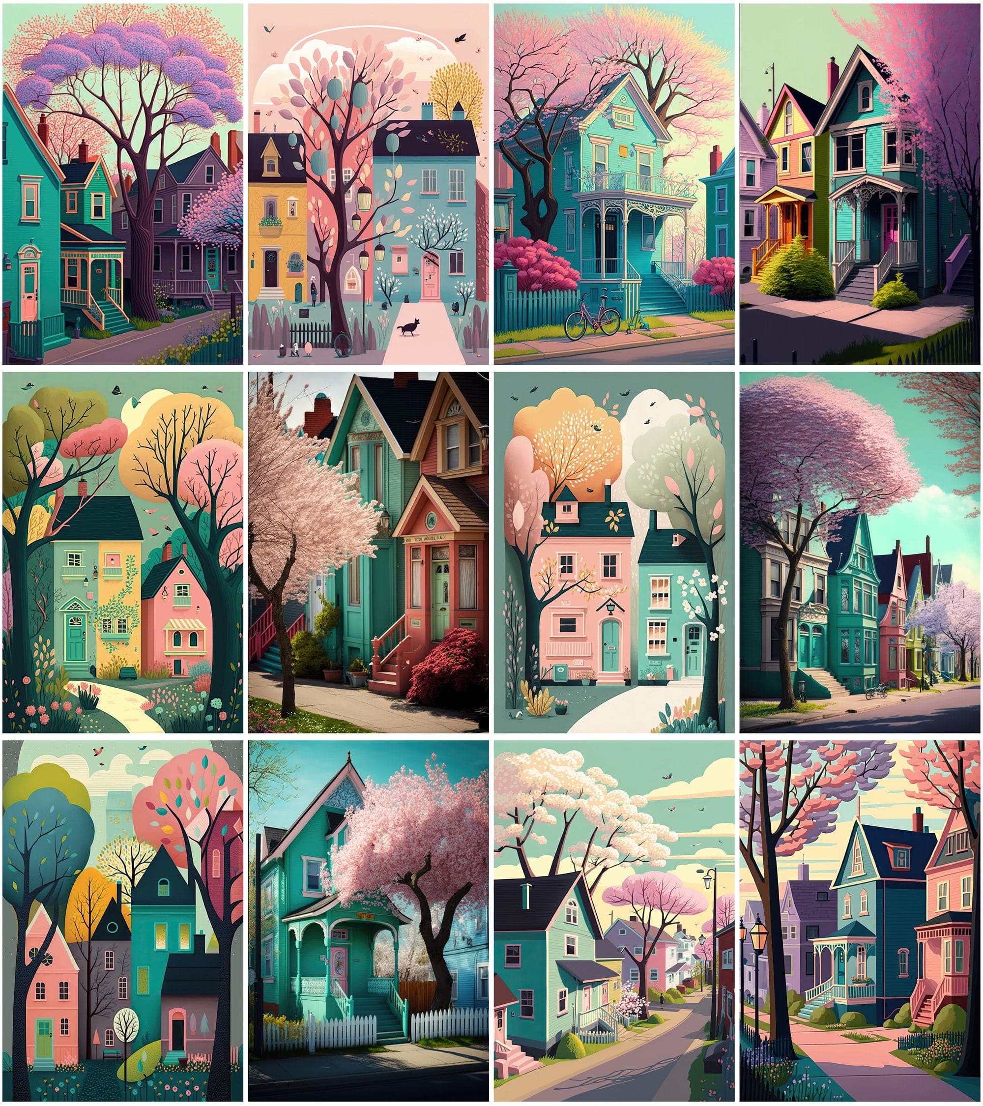 Neighbourhood Houses Backgrounds - Set of 100 Images for Canvas or Print, Houses clipart, Commercial use houses with vibrant colors. Digital Download Sumobundle