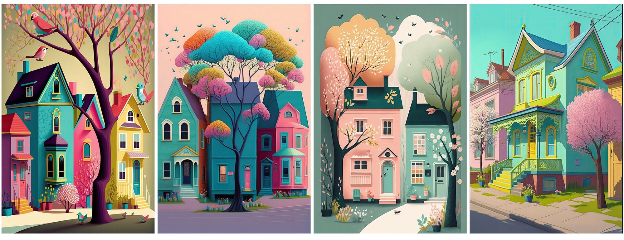 Neighbourhood Houses Backgrounds - Set of 100 Images for Canvas or Print, Houses clipart, Commercial use houses with vibrant colors. Digital Download Sumobundle