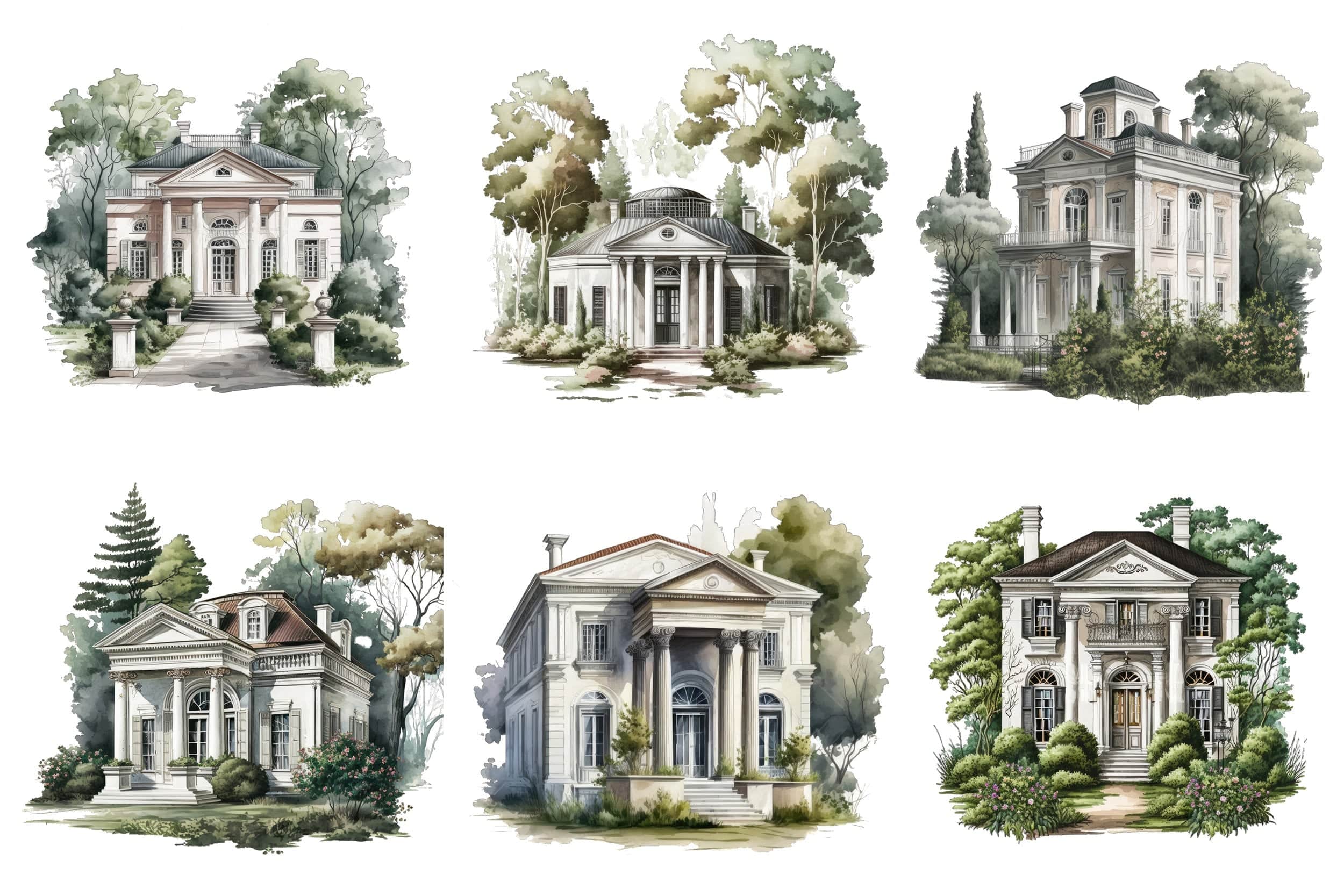 Neoclassical Cottage Houses Clipart Bundle - 63 PNG Transparent Images for Commercial Use, Perfect for Websites, Invitations, Prints. Digital Download Sumobundle