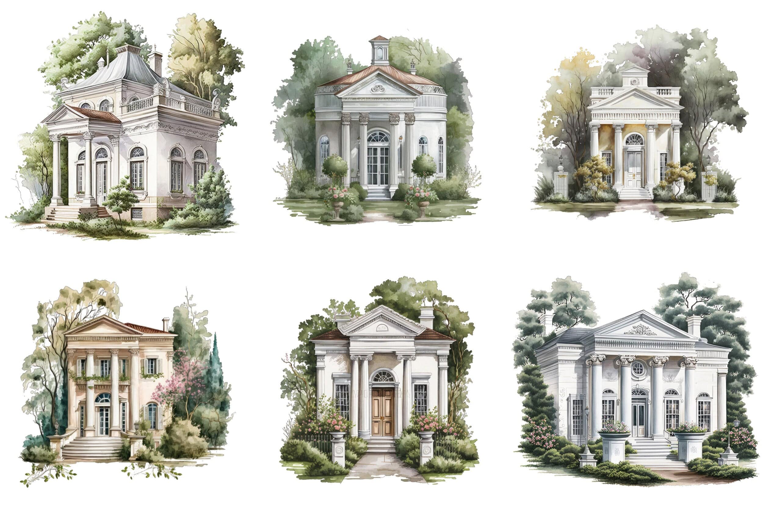 Neoclassical Cottage Houses Clipart Bundle - 63 PNG Transparent Images for Commercial Use, Perfect for Websites, Invitations, Prints. Digital Download Sumobundle