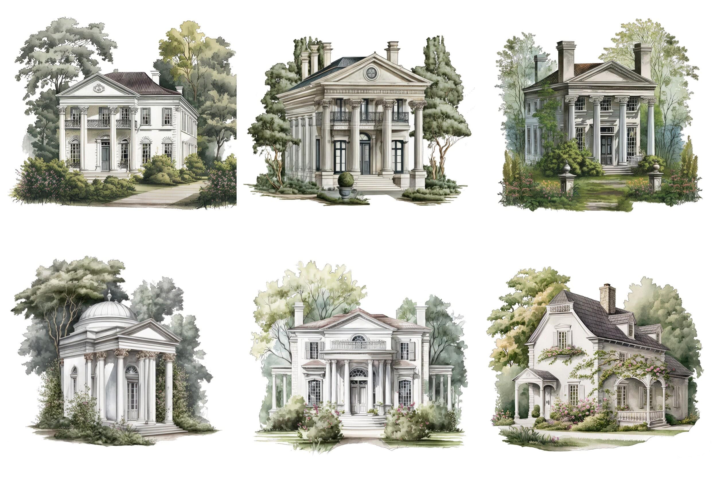 Neoclassical Cottage Houses Clipart Bundle - 63 PNG Transparent Images for Commercial Use, Perfect for Websites, Invitations, Prints. Digital Download Sumobundle