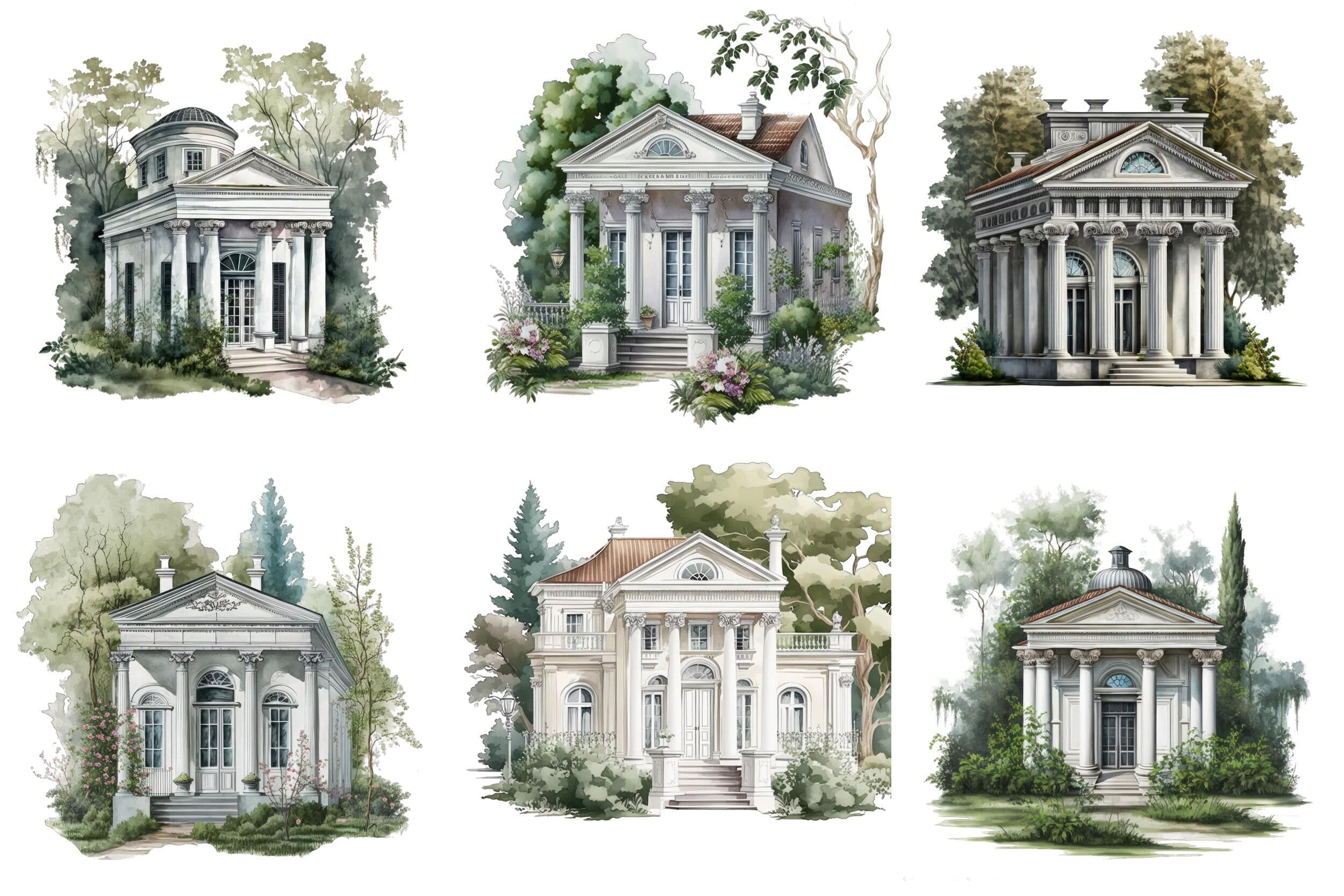 Neoclassical Cottage Houses Clipart Bundle - 63 PNG Transparent Images for Commercial Use, Perfect for Websites, Invitations, Prints. Digital Download Sumobundle