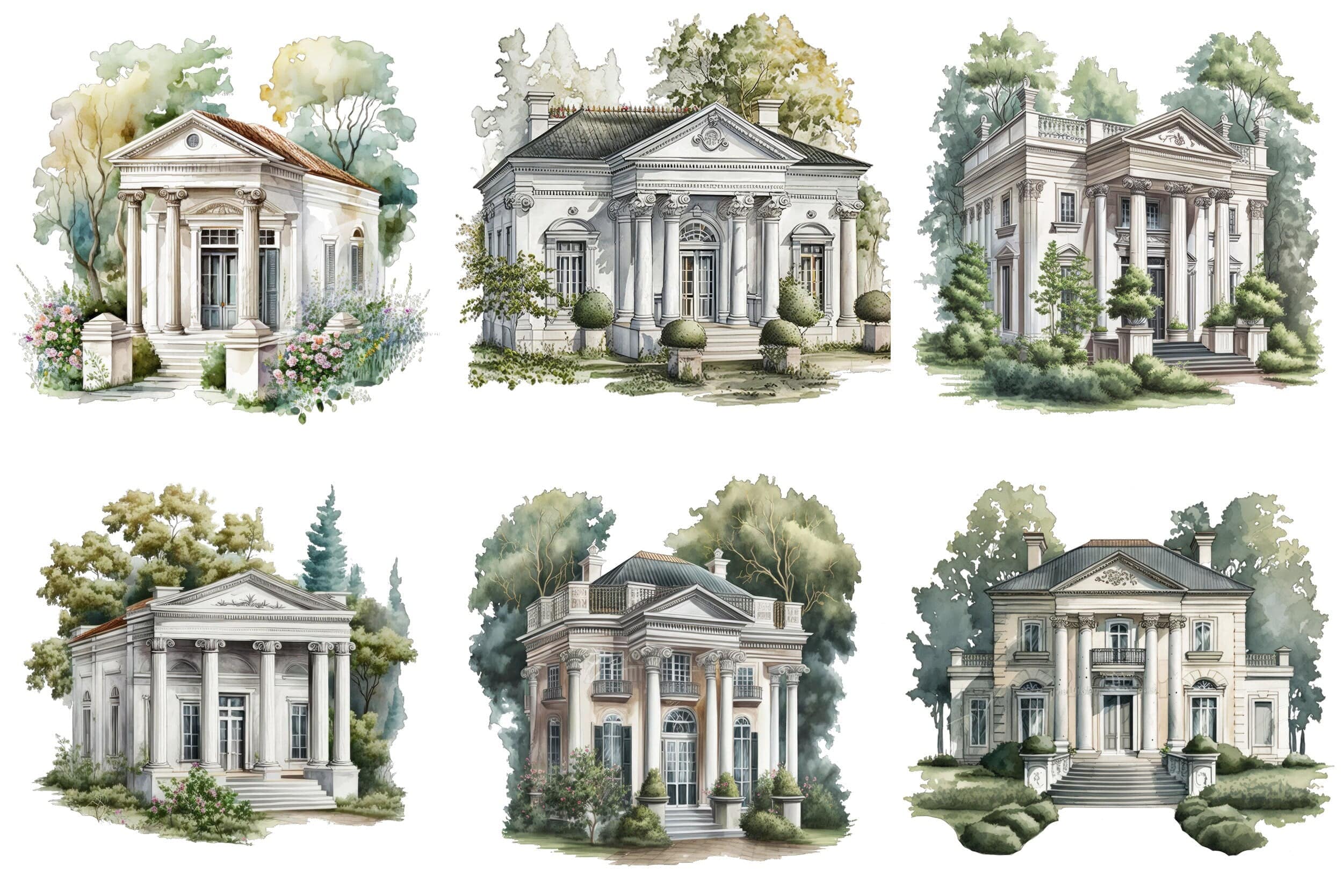 Neoclassical Cottage Houses Clipart Bundle - 63 PNG Transparent Images for Commercial Use, Perfect for Websites, Invitations, Prints. Digital Download Sumobundle