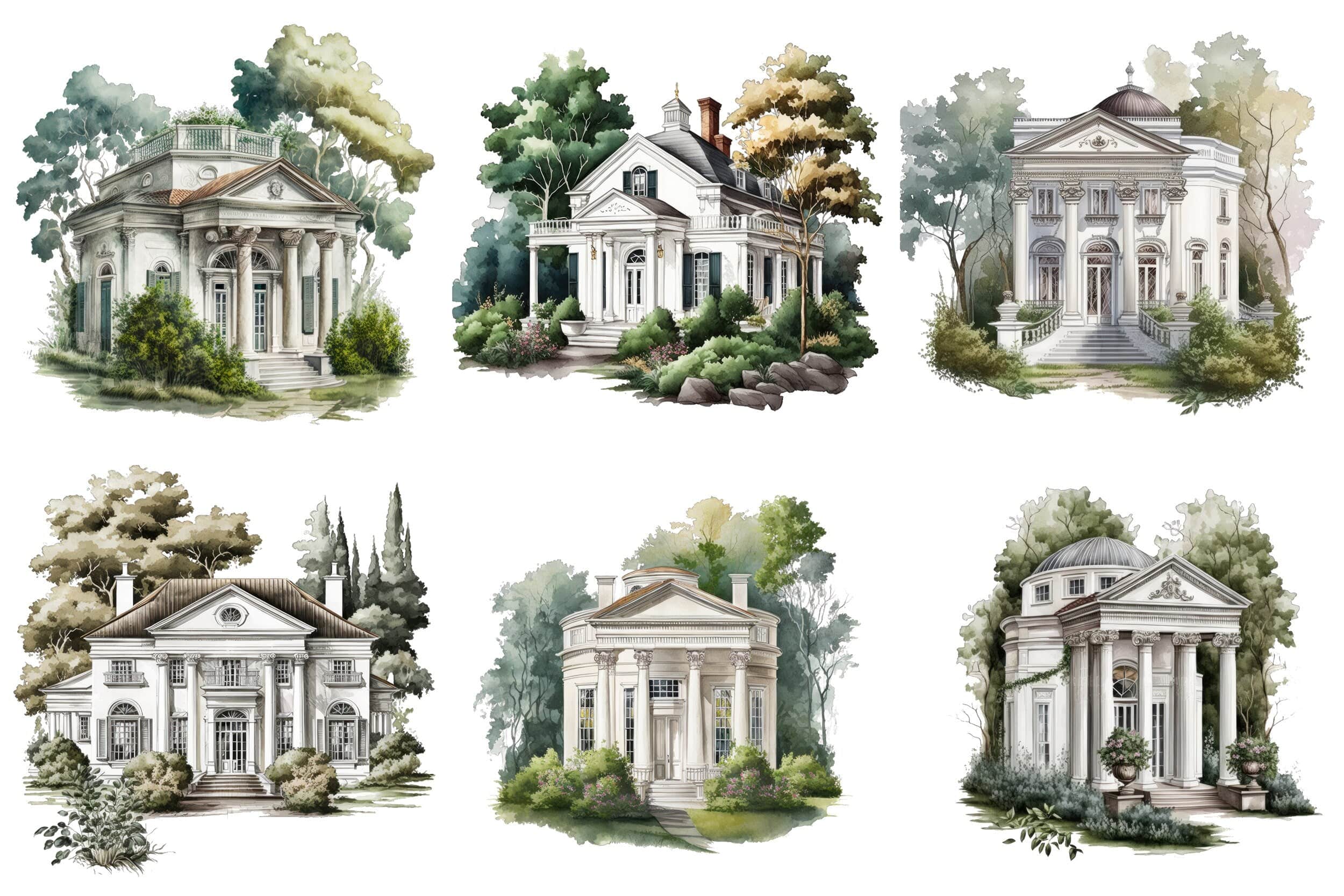 Neoclassical Cottage Houses Clipart Bundle - 63 PNG Transparent Images for Commercial Use, Perfect for Websites, Invitations, Prints. Digital Download Sumobundle