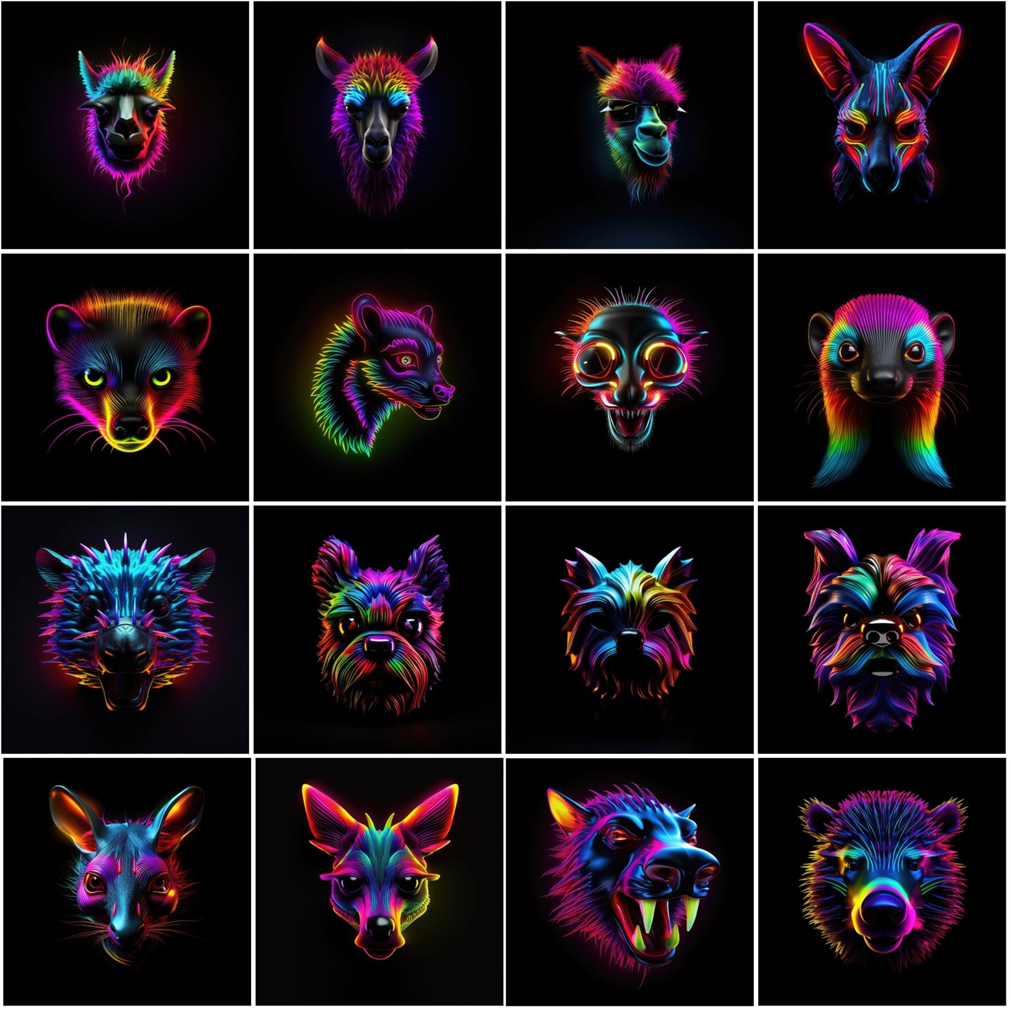 Neon Animal Heads Digital Art Collection - 550 PNG Images with Commercial License, Colorful and Vibrant Digital Download Sumobundle