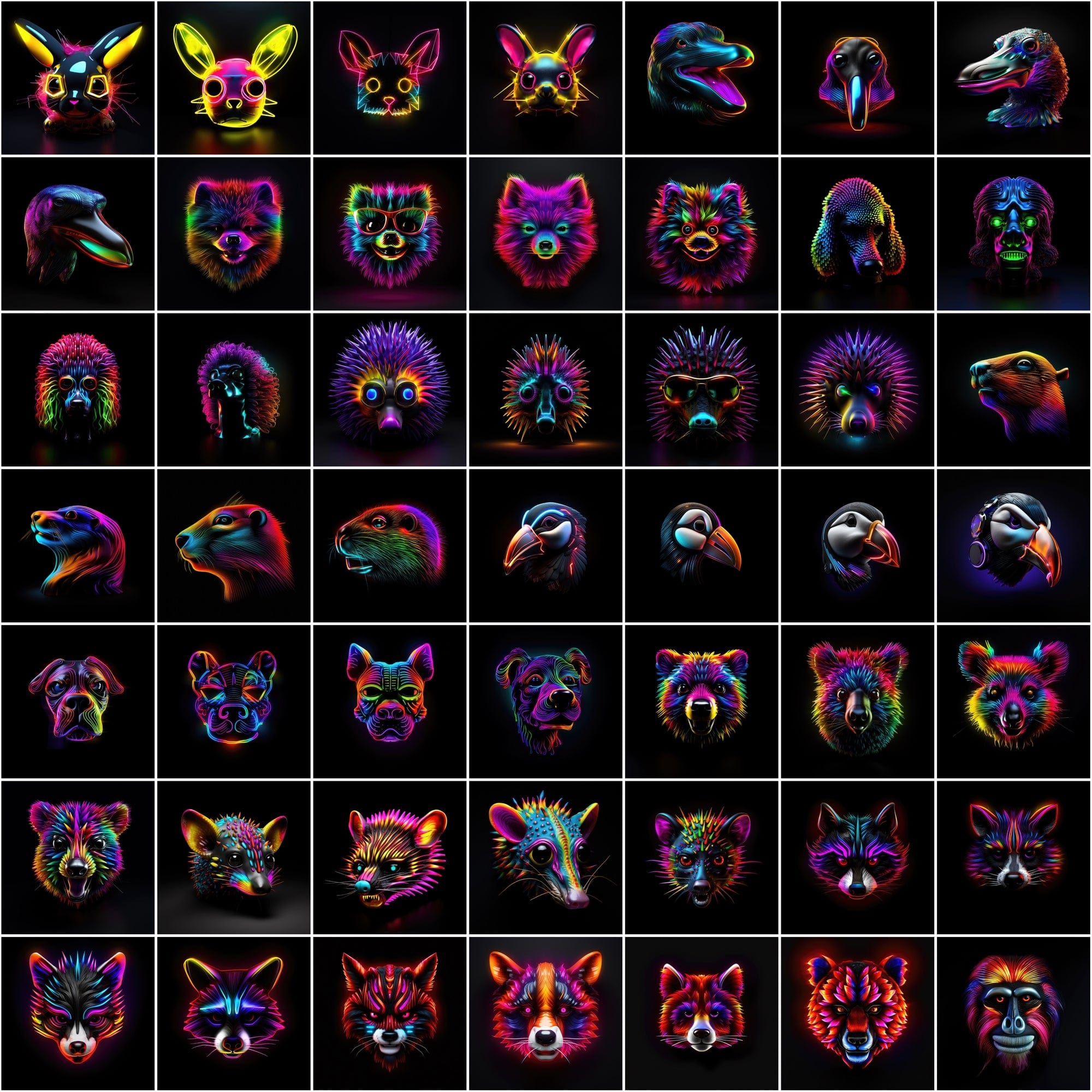 Neon Animal Heads Digital Art Collection - 550 PNG Images with Commercial License, Colorful and Vibrant Digital Download Sumobundle