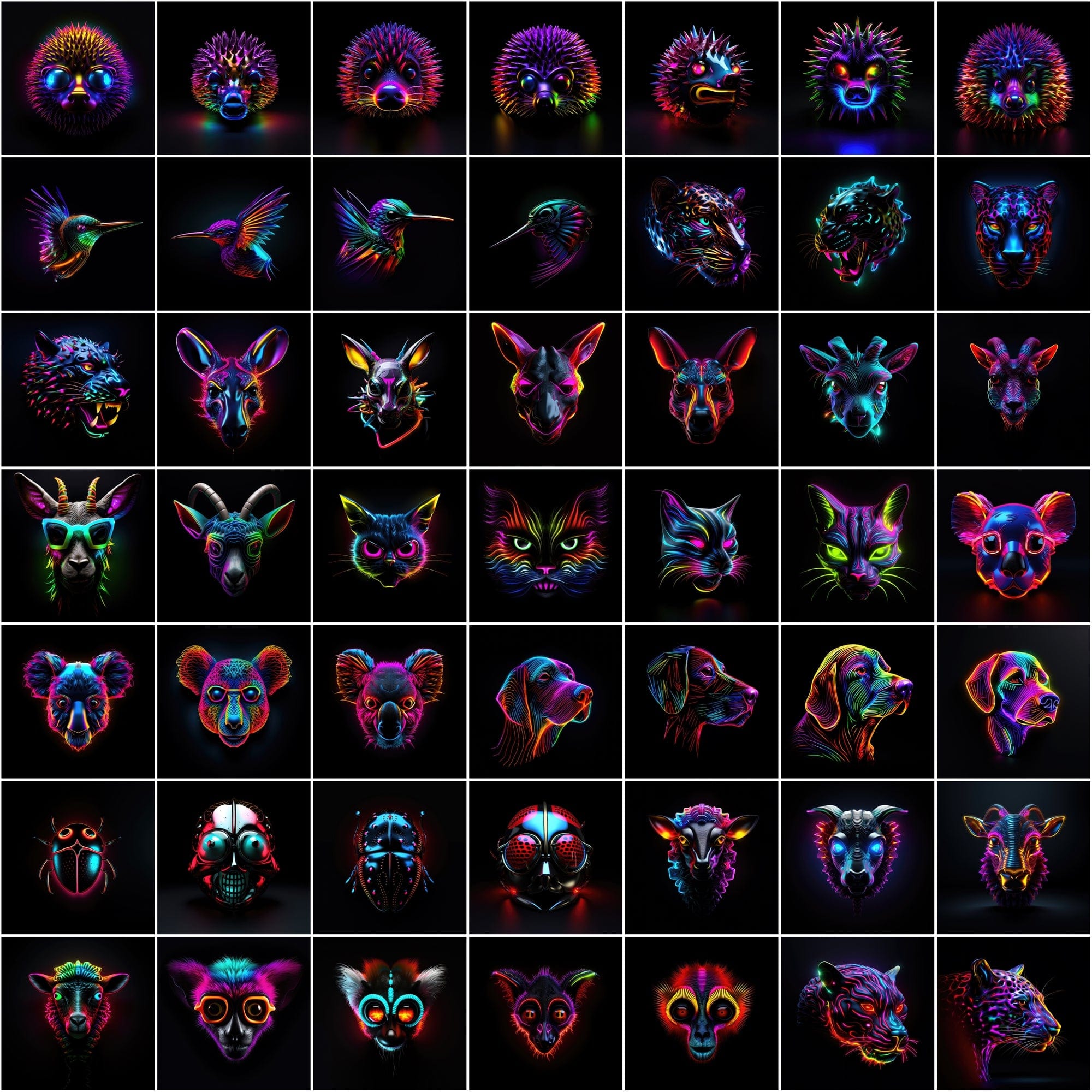 Neon Animal Heads Digital Art Collection - 550 PNG Images with Commercial License, Colorful and Vibrant Digital Download Sumobundle