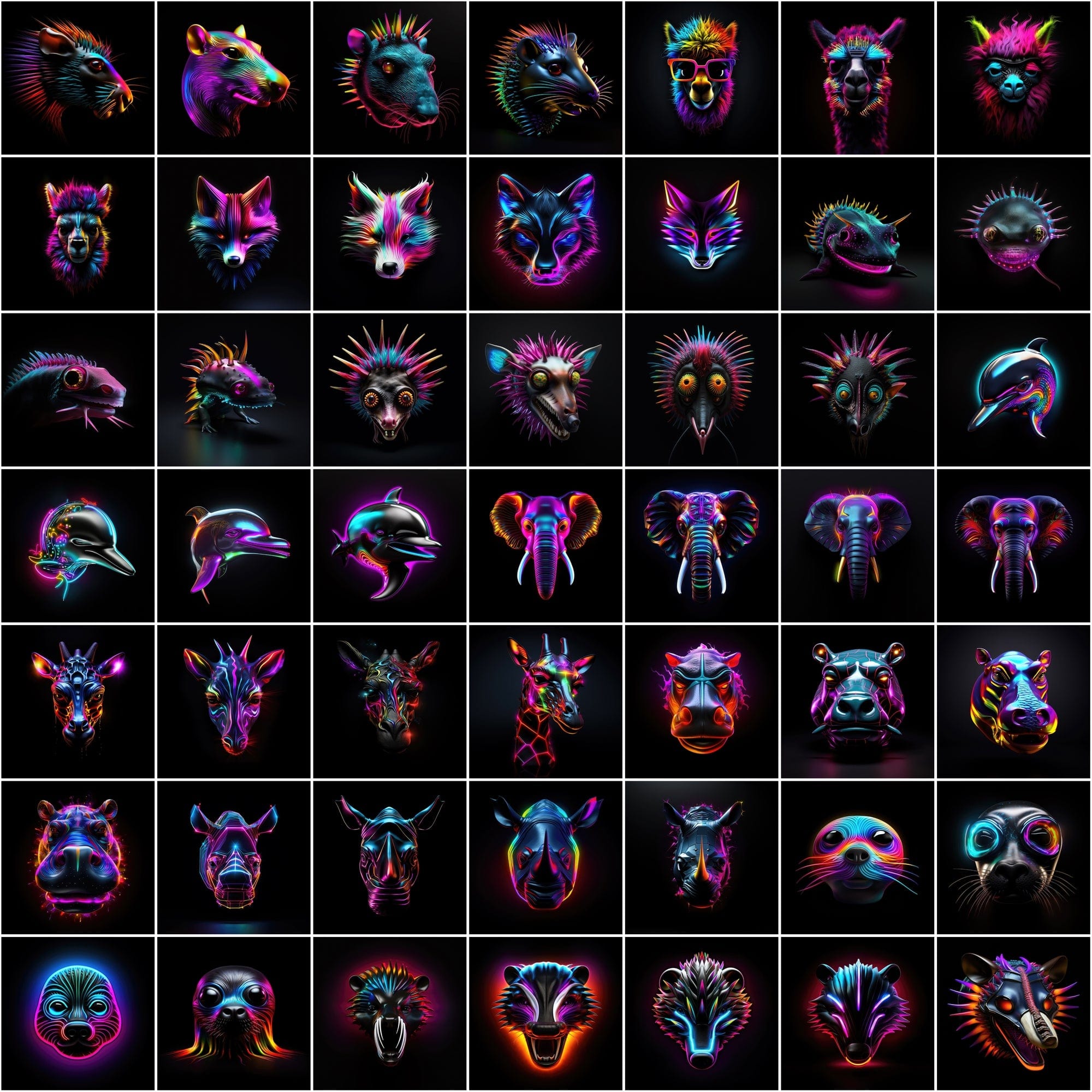 Neon Animal Heads Digital Art Collection - 550 PNG Images with Commercial License, Colorful and Vibrant Digital Download Sumobundle