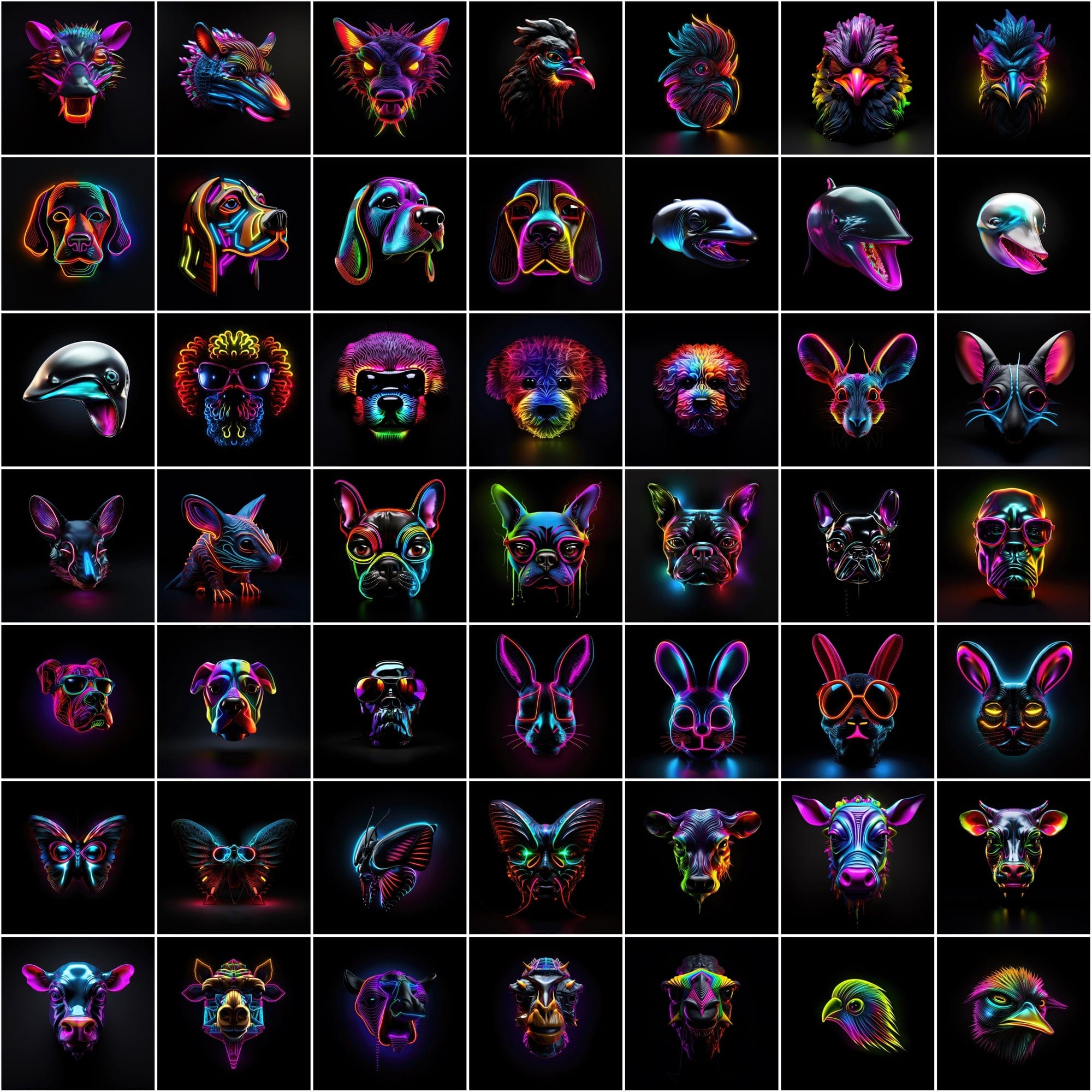Neon Animal Heads Digital Art Collection - 550 PNG Images with Commercial License, Colorful and Vibrant Digital Download Sumobundle