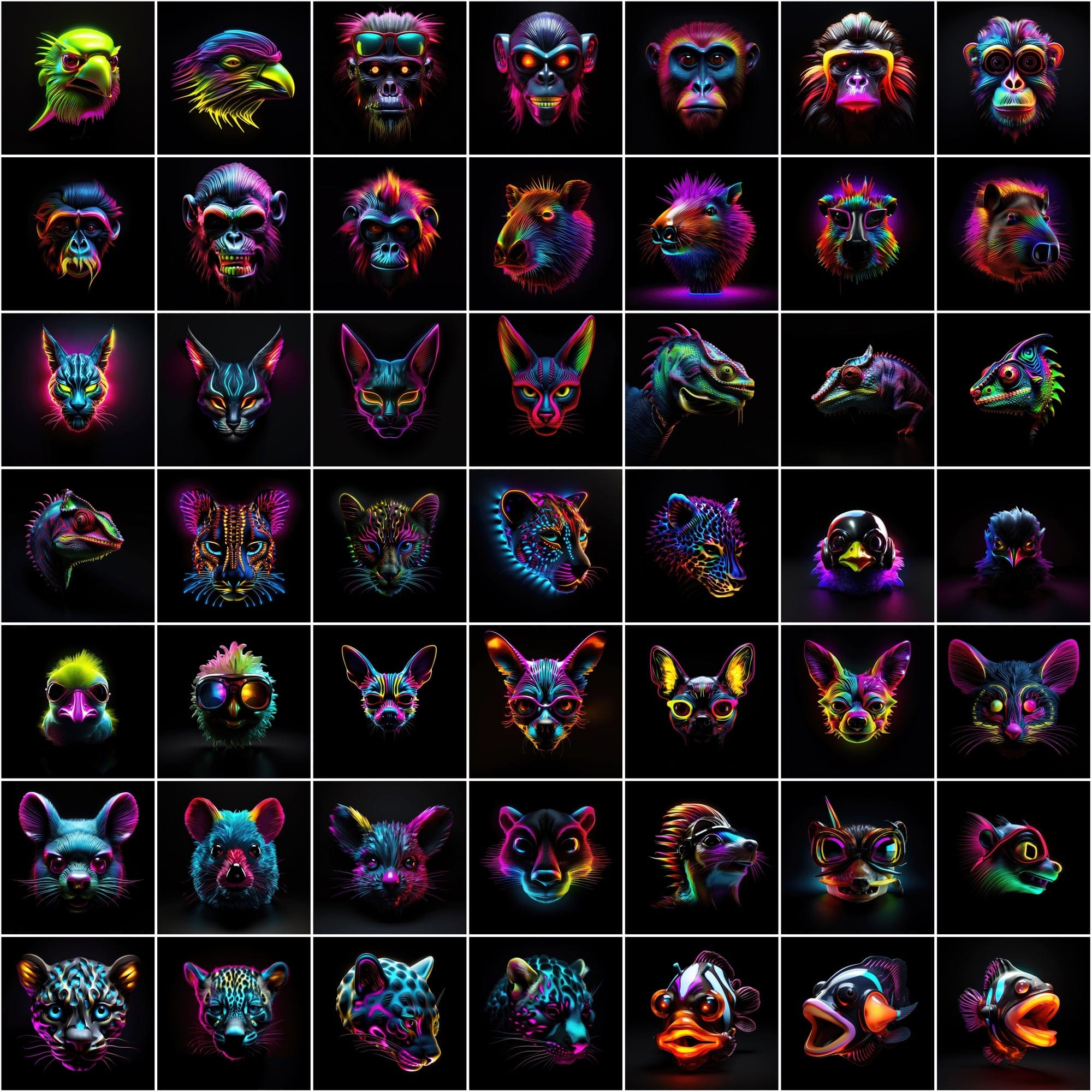 Neon Animal Heads Digital Art Collection - 550 PNG Images with Commercial License, Colorful and Vibrant Digital Download Sumobundle