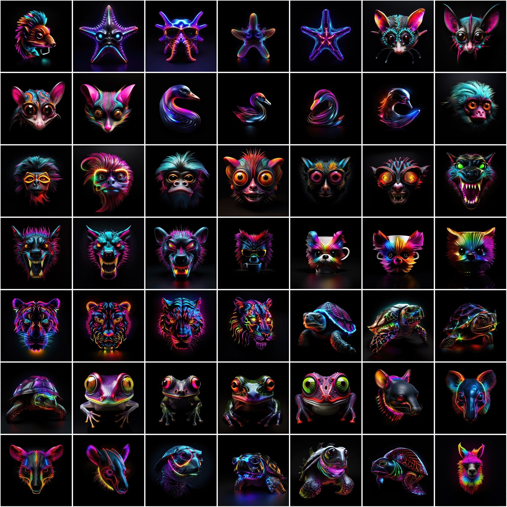 Neon Animal Heads Digital Art Collection - 550 PNG Images with Commercial License, Colorful and Vibrant Digital Download Sumobundle