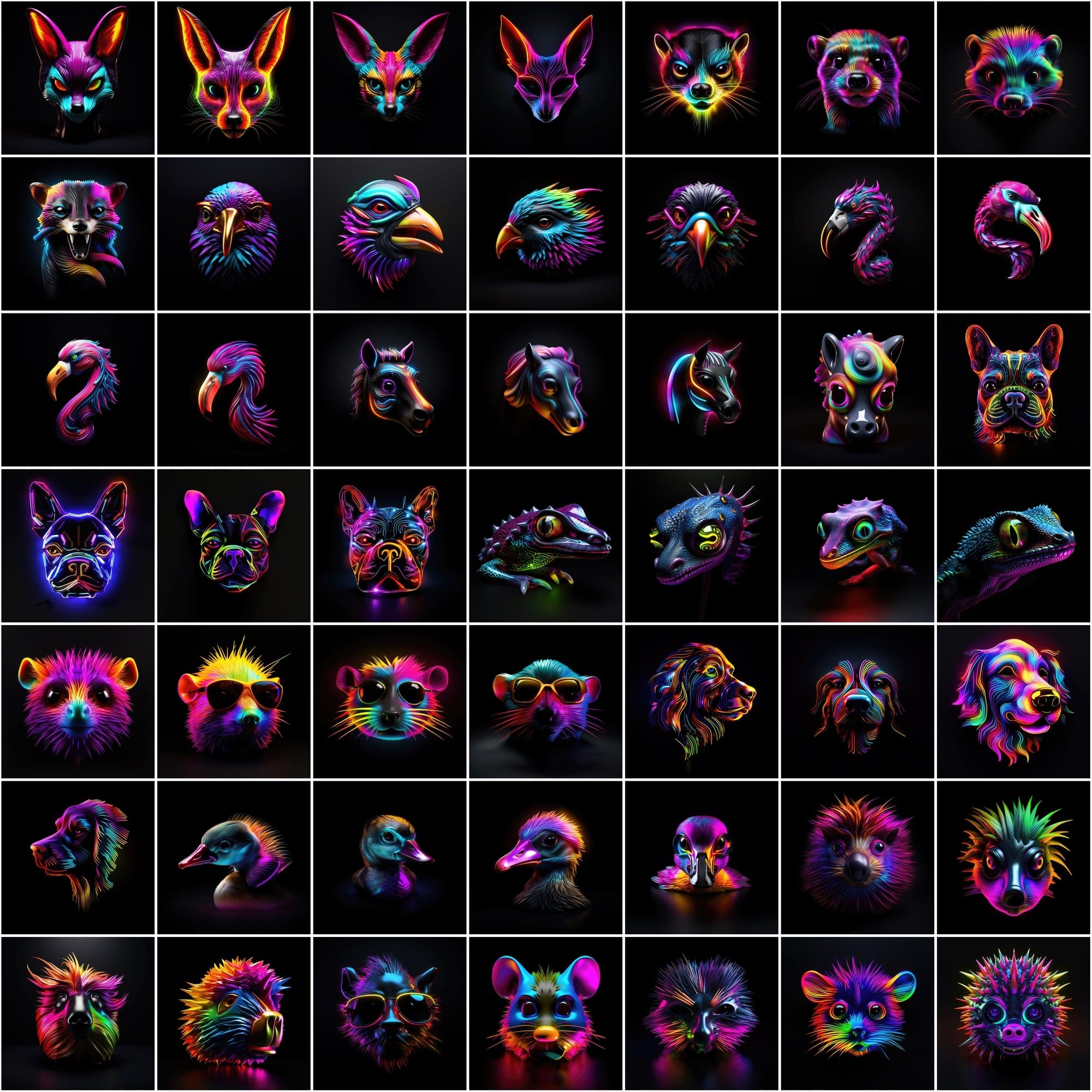 Neon Animal Heads Digital Art Collection - 550 PNG Images with Commercial License, Colorful and Vibrant Digital Download Sumobundle
