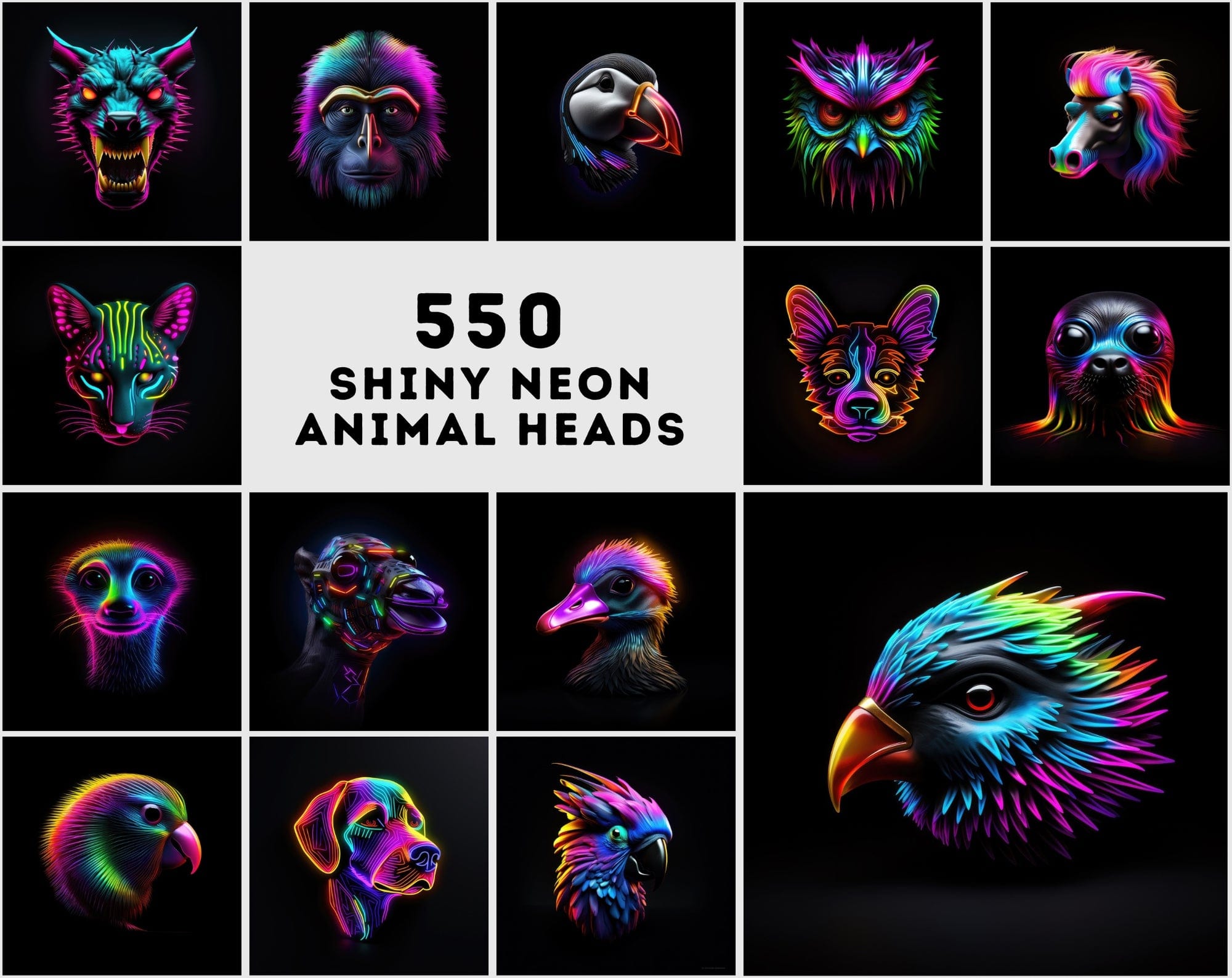 Neon Animal Heads Digital Art Collection - 550 PNG Images with Commercial License, Colorful and Vibrant Digital Download Sumobundle