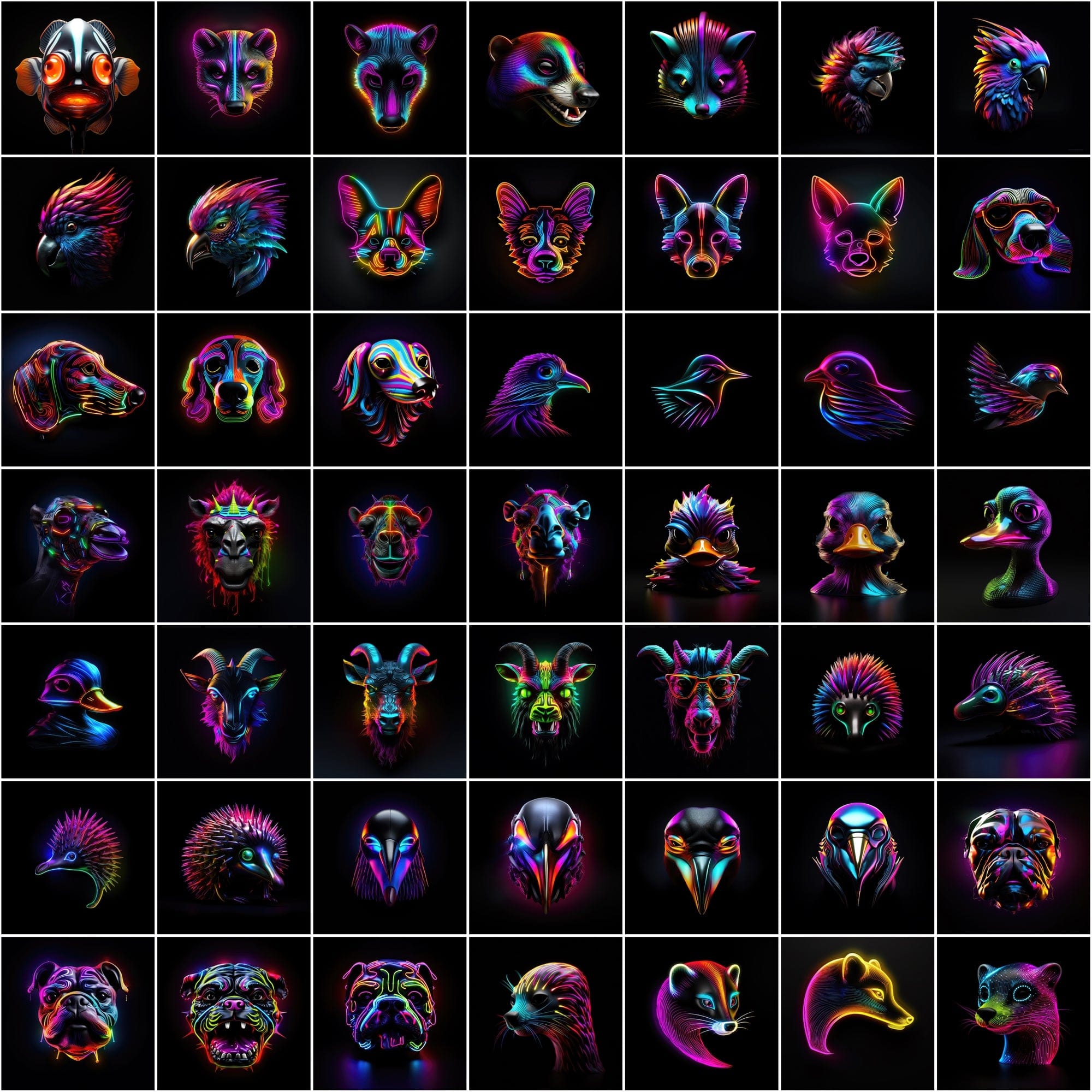 Neon Animal Heads Digital Art Collection - 550 PNG Images with Commercial License, Colorful and Vibrant Digital Download Sumobundle