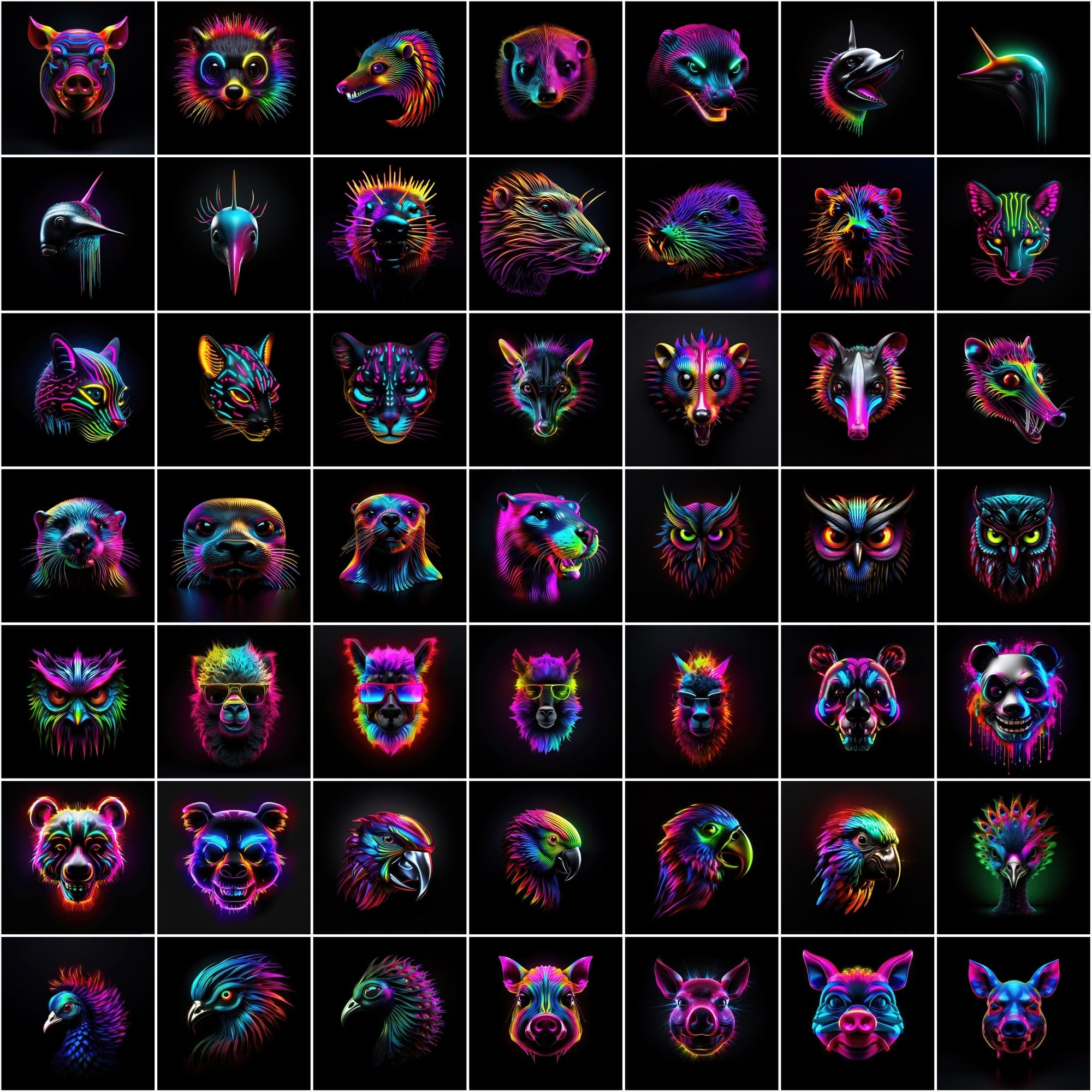 Neon Animal Heads Digital Art Collection - 550 PNG Images with Commercial License, Colorful and Vibrant Digital Download Sumobundle