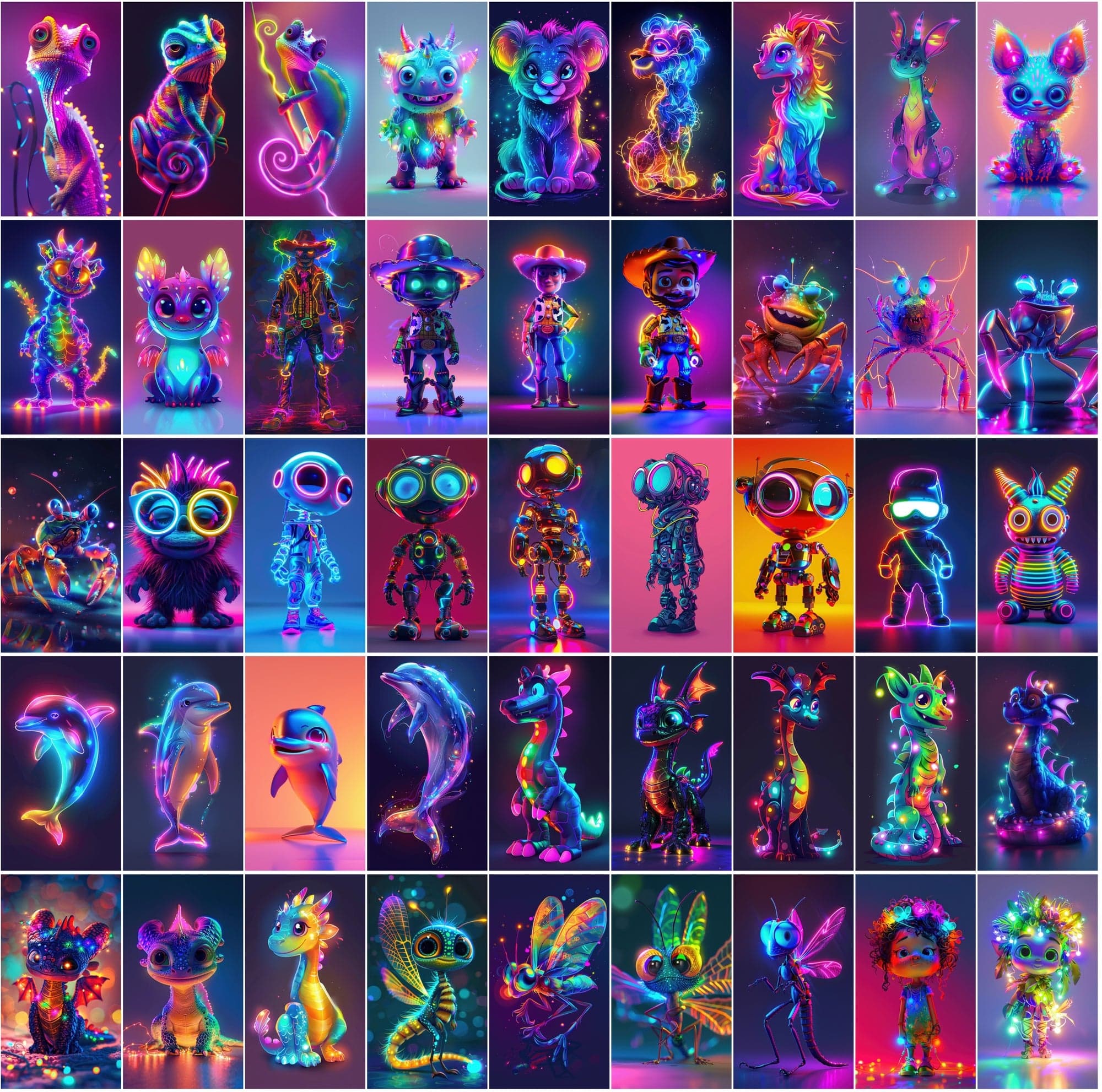 Neon Characters and Animals Collection - 400 Colorful JPG Images with Commercial License Digital Download Sumobundle