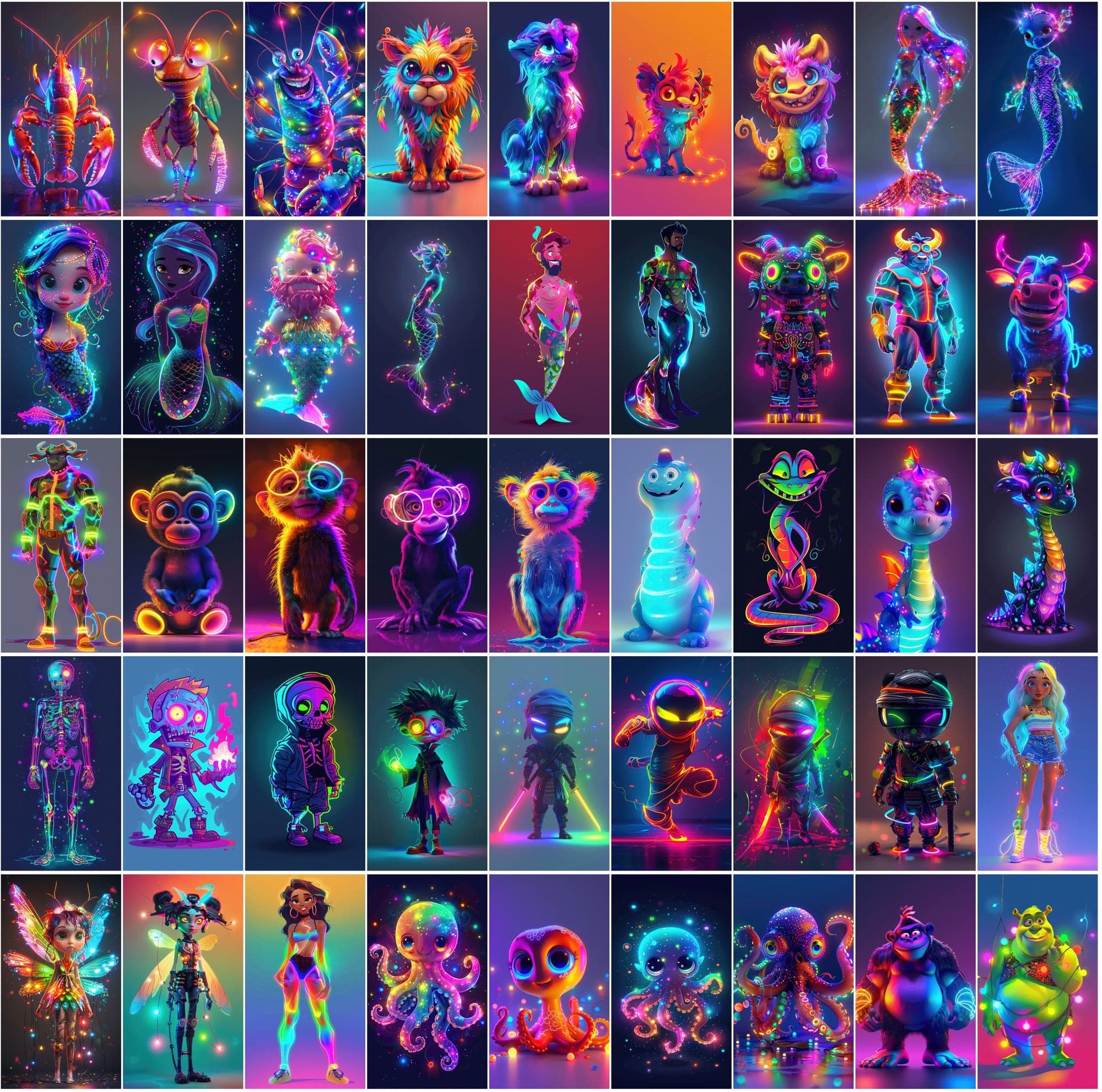 Neon Characters and Animals Collection - 400 Colorful JPG Images with Commercial License Digital Download Sumobundle