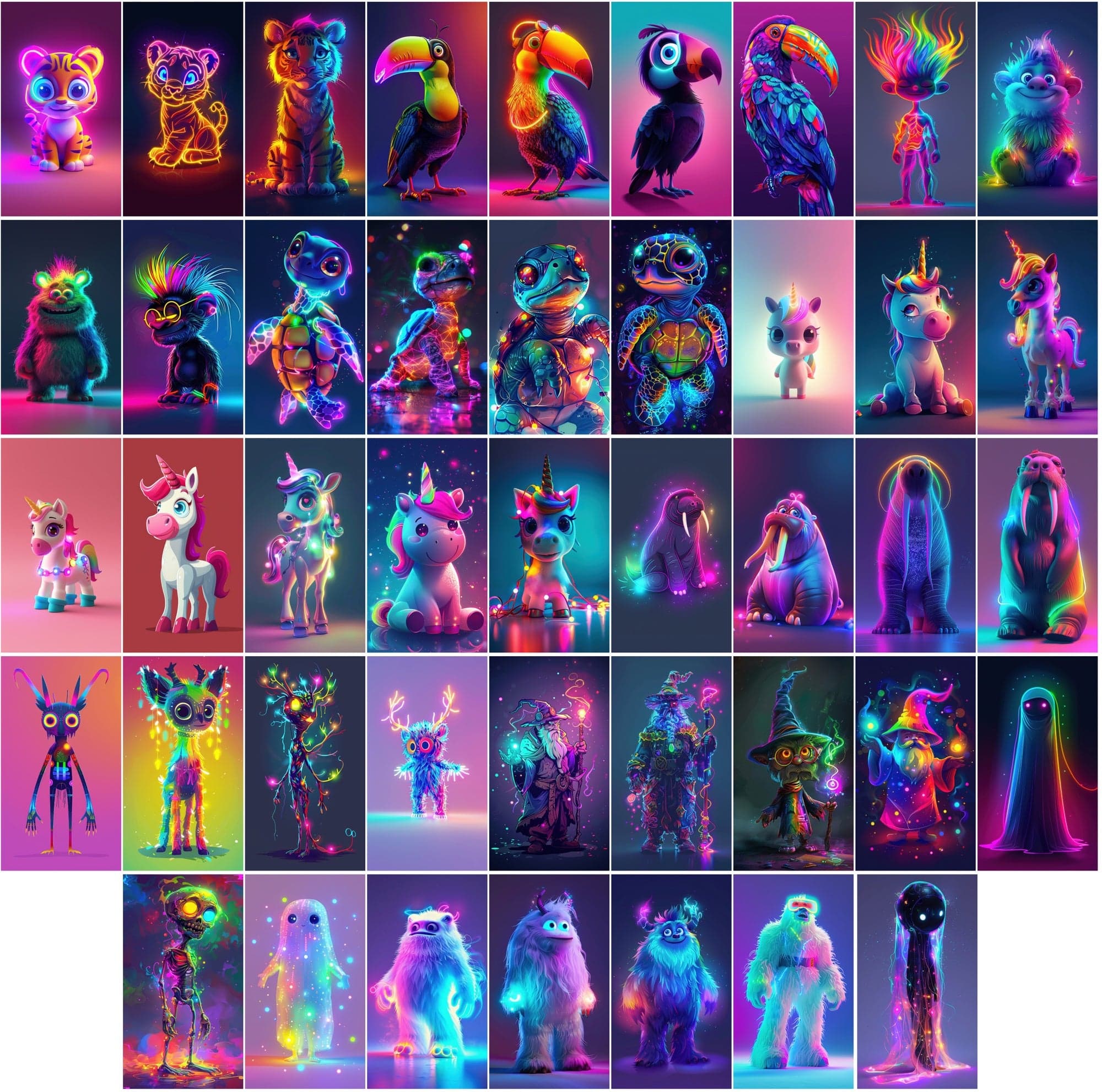 Neon Characters and Animals Collection - 400 Colorful JPG Images with Commercial License Digital Download Sumobundle