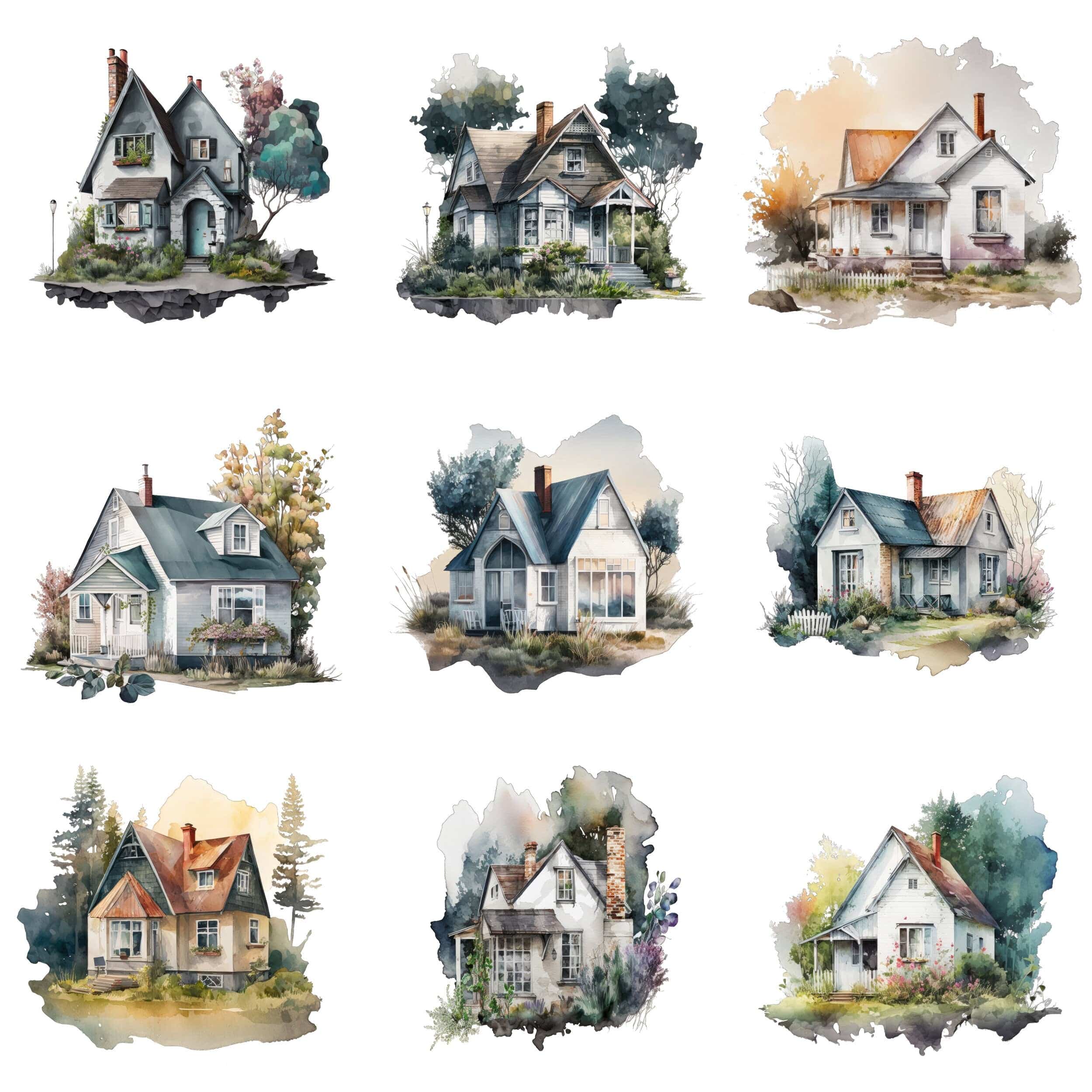 Postmodern Watercolor Cottage & House Bundle - 60 Transparent Images - Digital Download Digital Download Sumobundle