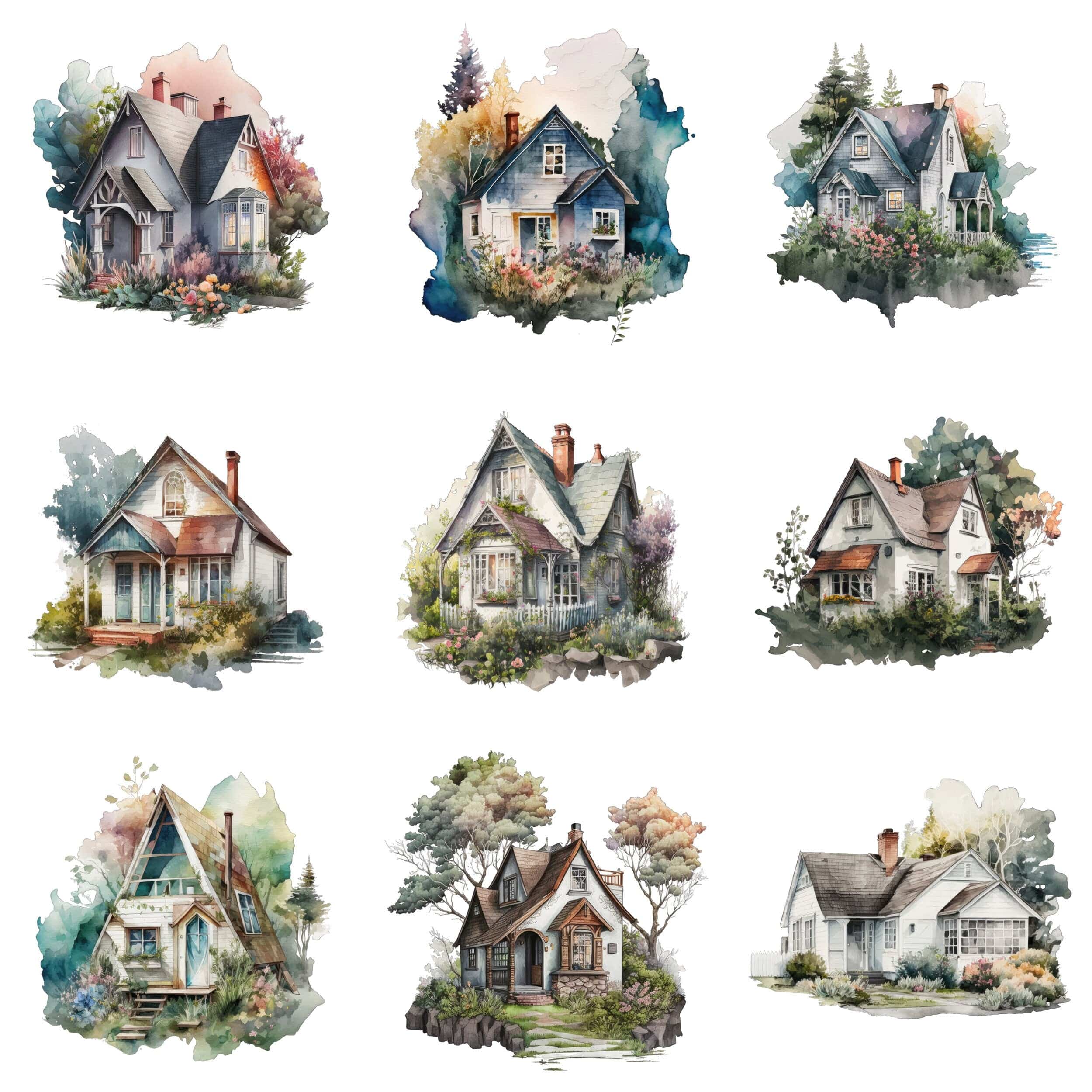 Postmodern Watercolor Cottage & House Bundle - 60 Transparent Images - Digital Download Digital Download Sumobundle