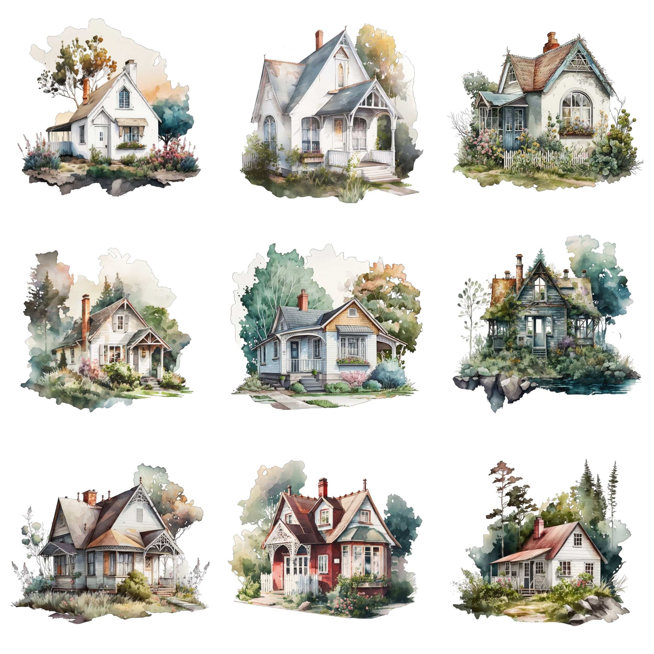 Postmodern Watercolor Cottage & House Bundle - 60 Transparent Images - Digital Download Digital Download Sumobundle